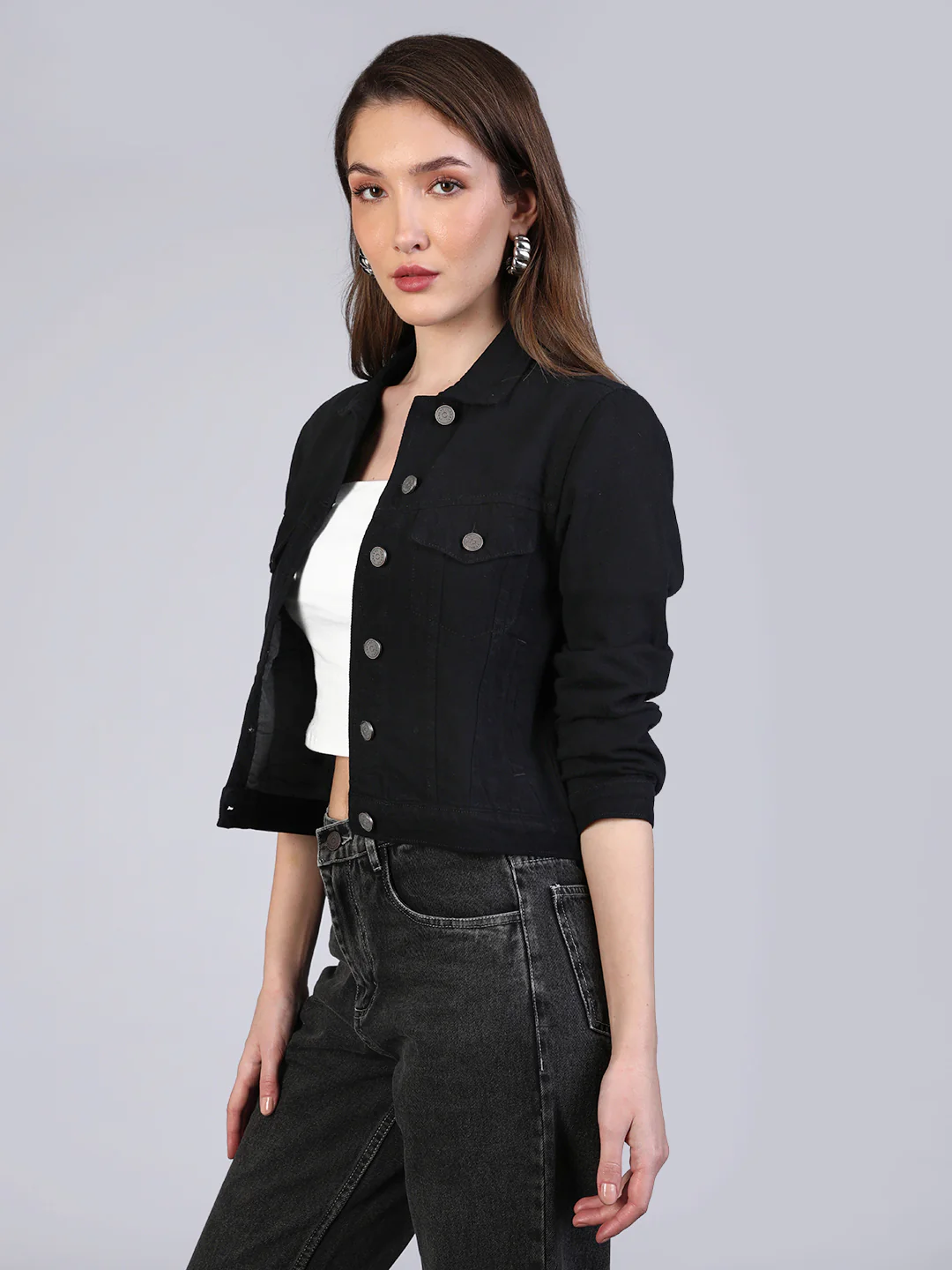 Women's Black Regular Fit Washed Full Sleeve Denim Jacket - Image 3