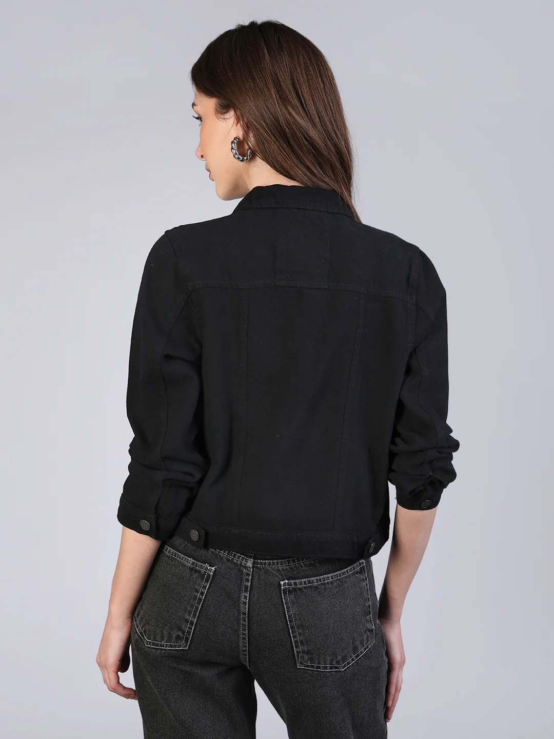 Women's Black Regular Fit Washed Full Sleeve Denim Jacket - Image 4