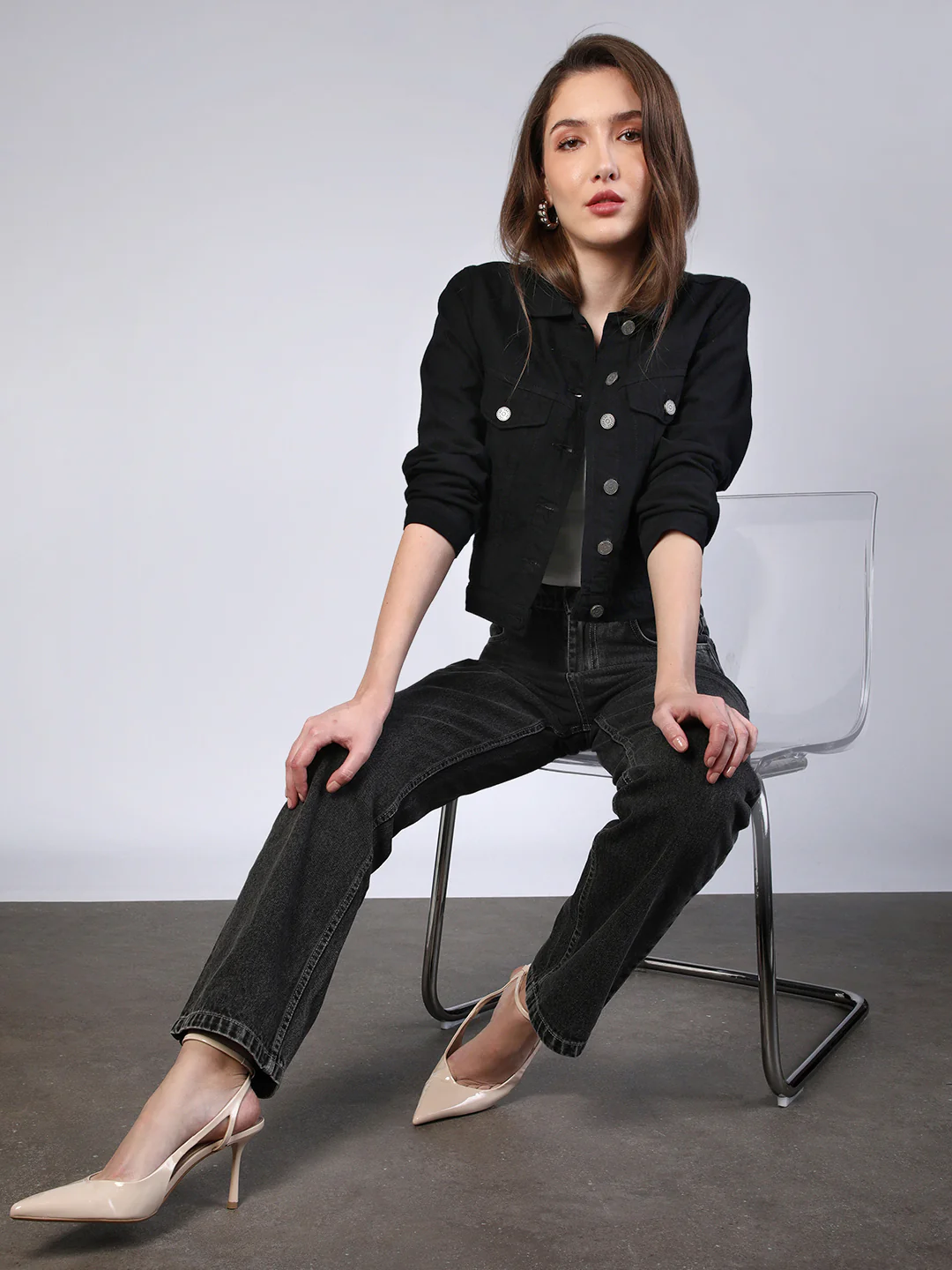 Women's Black Regular Fit Washed Full Sleeve Denim Jacket - Image 5