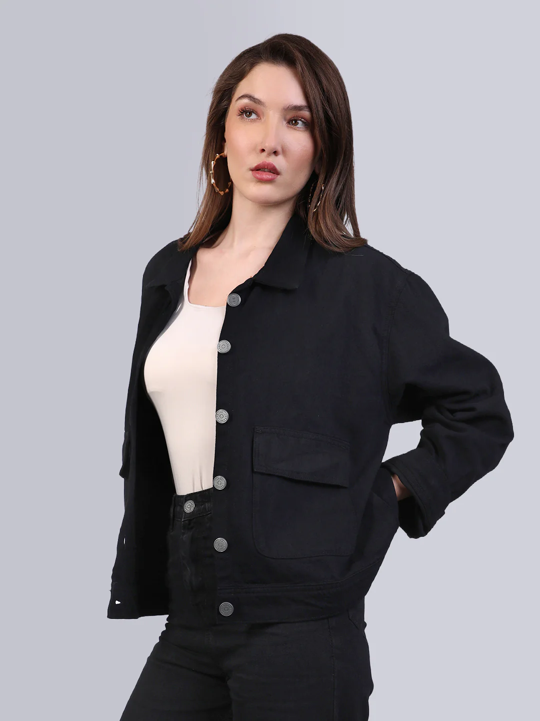 Women's Black Relaxed Fit Full Sleeve Utility Denim Jacket - Image 3
