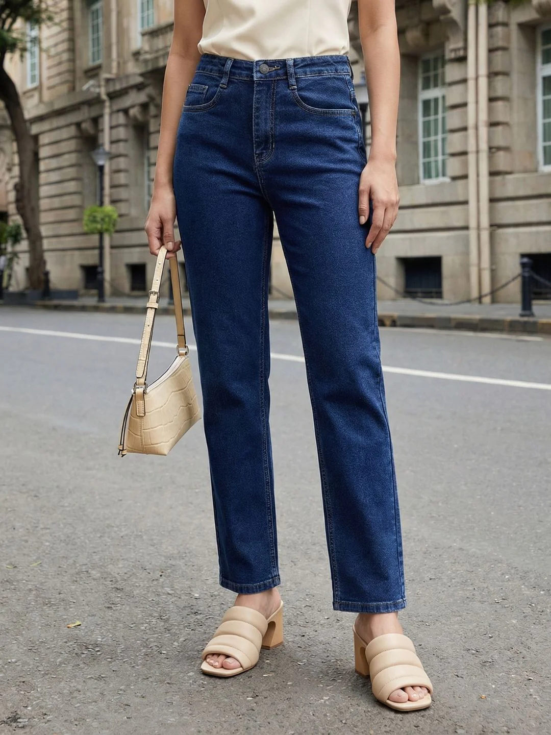 Women's Blue High Rise Straight Fit Washed Jeans Non-Stretchable