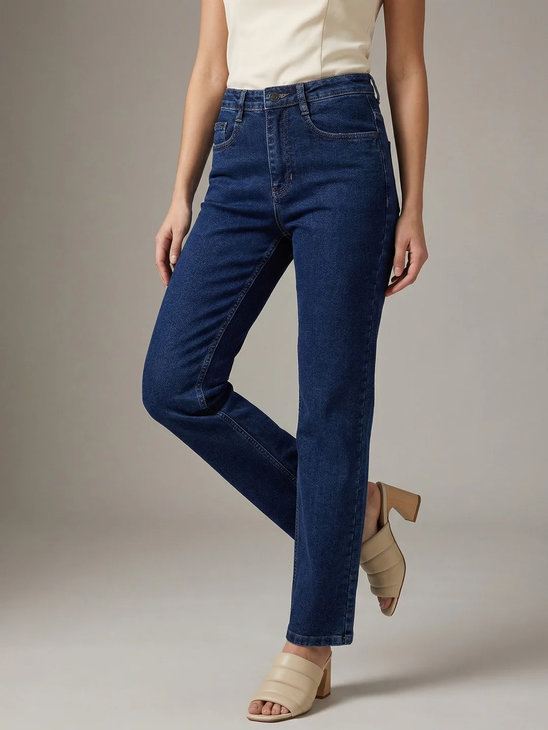 Women's Blue High Rise Straight Fit Washed Jeans Non-Stretchable - Image 2