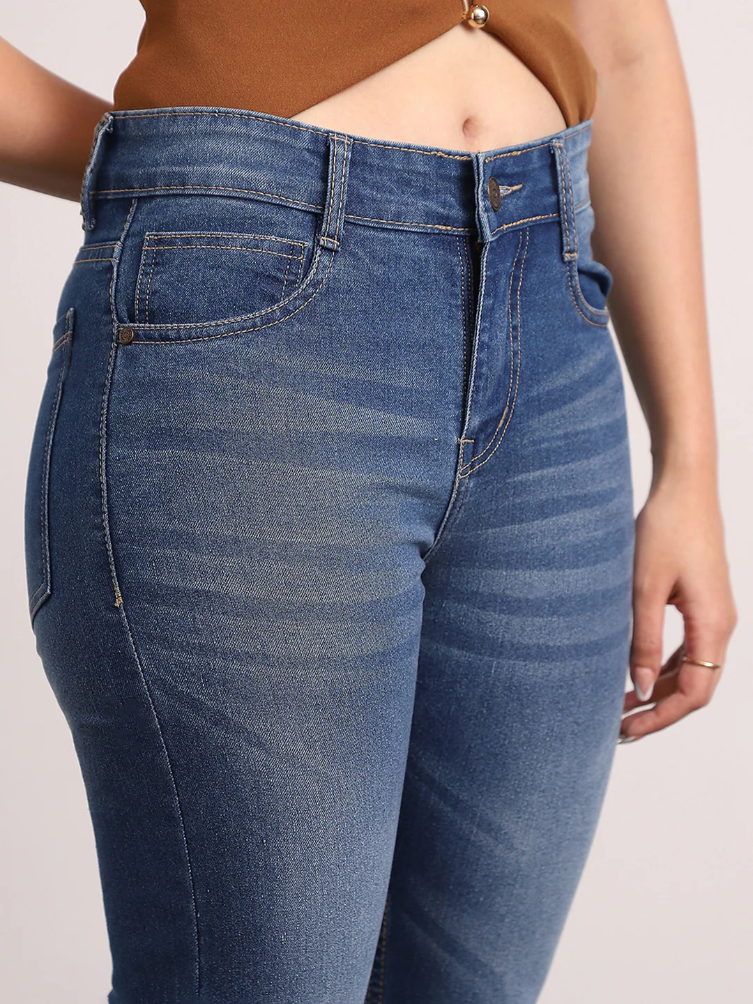 Women's Blue Mid Rise Bootcut Fit Washed Jeans Stretchable - Image 5
