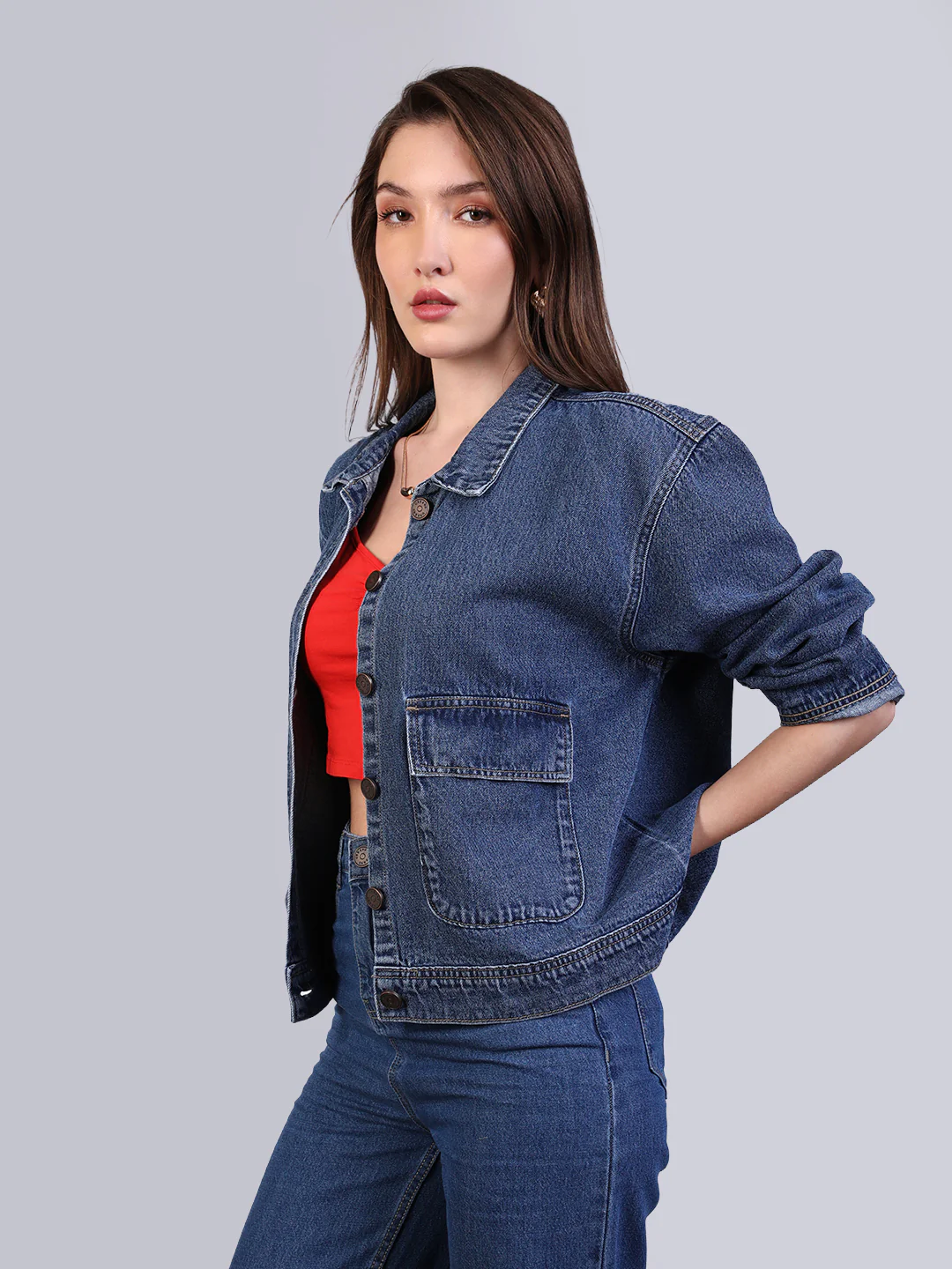 Women's Blue Relaxed Fit Full Sleeve Utility Denim Jacket - Image 3