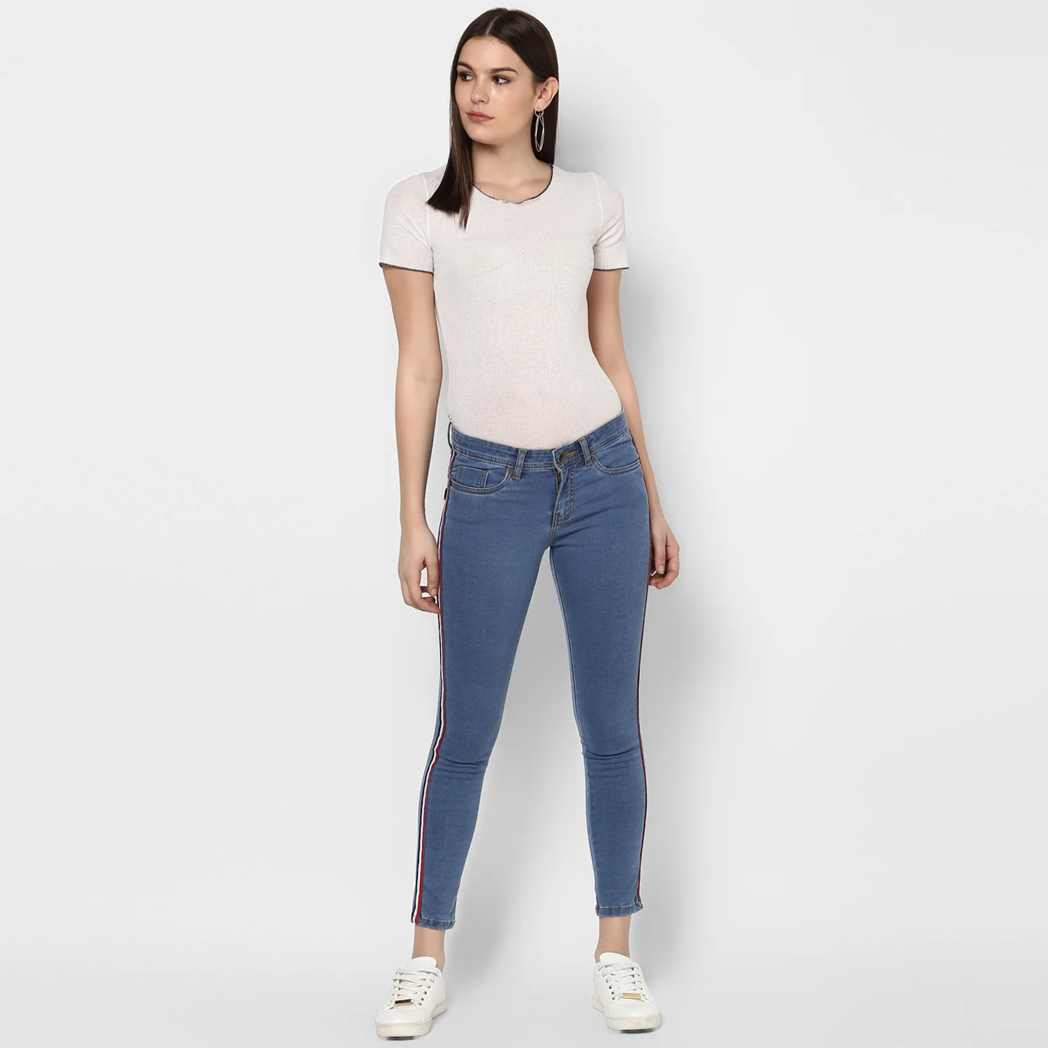 Women's Blue Side Striped Skinny Fit Jeans Stretch - Image 4