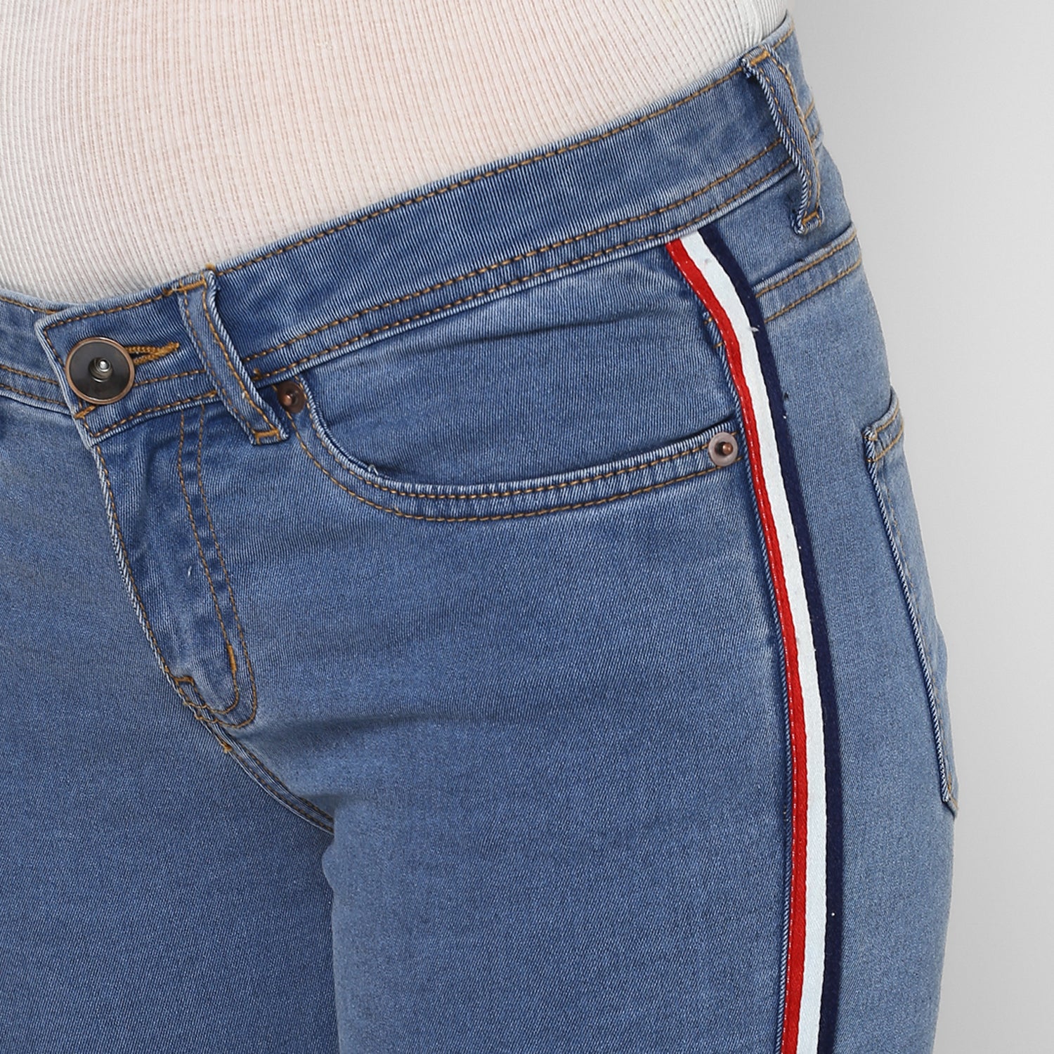 Women's Blue Side Striped Skinny Fit Jeans Stretch - Image 5