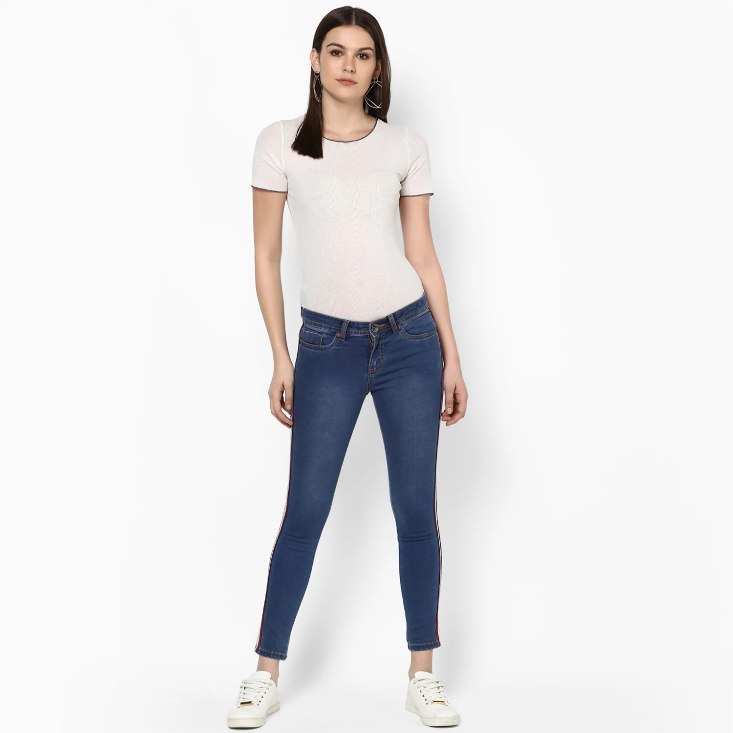 Women's Blue Side Striped Skinny Fit Jeans Stretch - Image 4