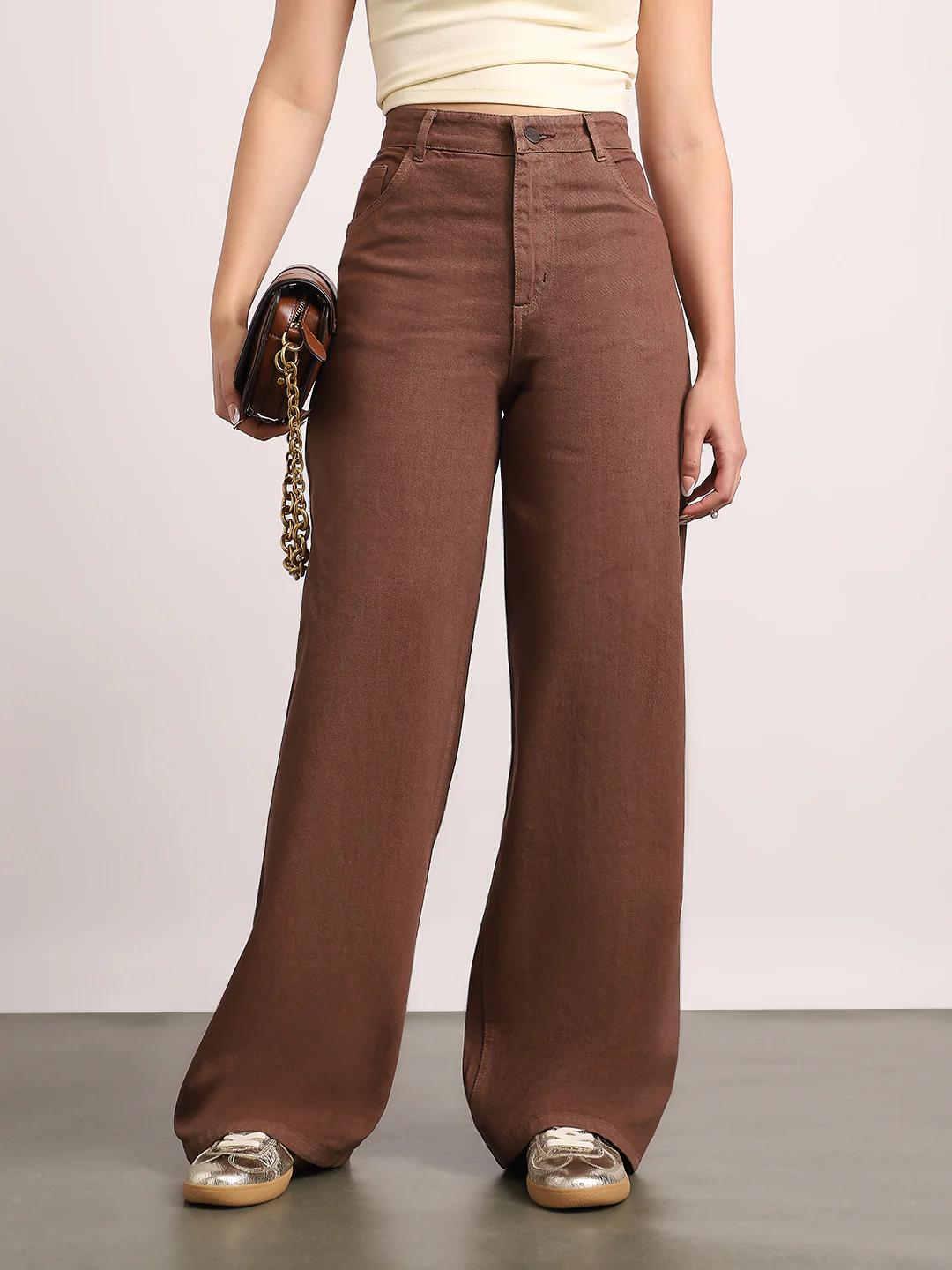 Women's Brown High Rise Baggy Fit Washed Jeans Non-Stretchable