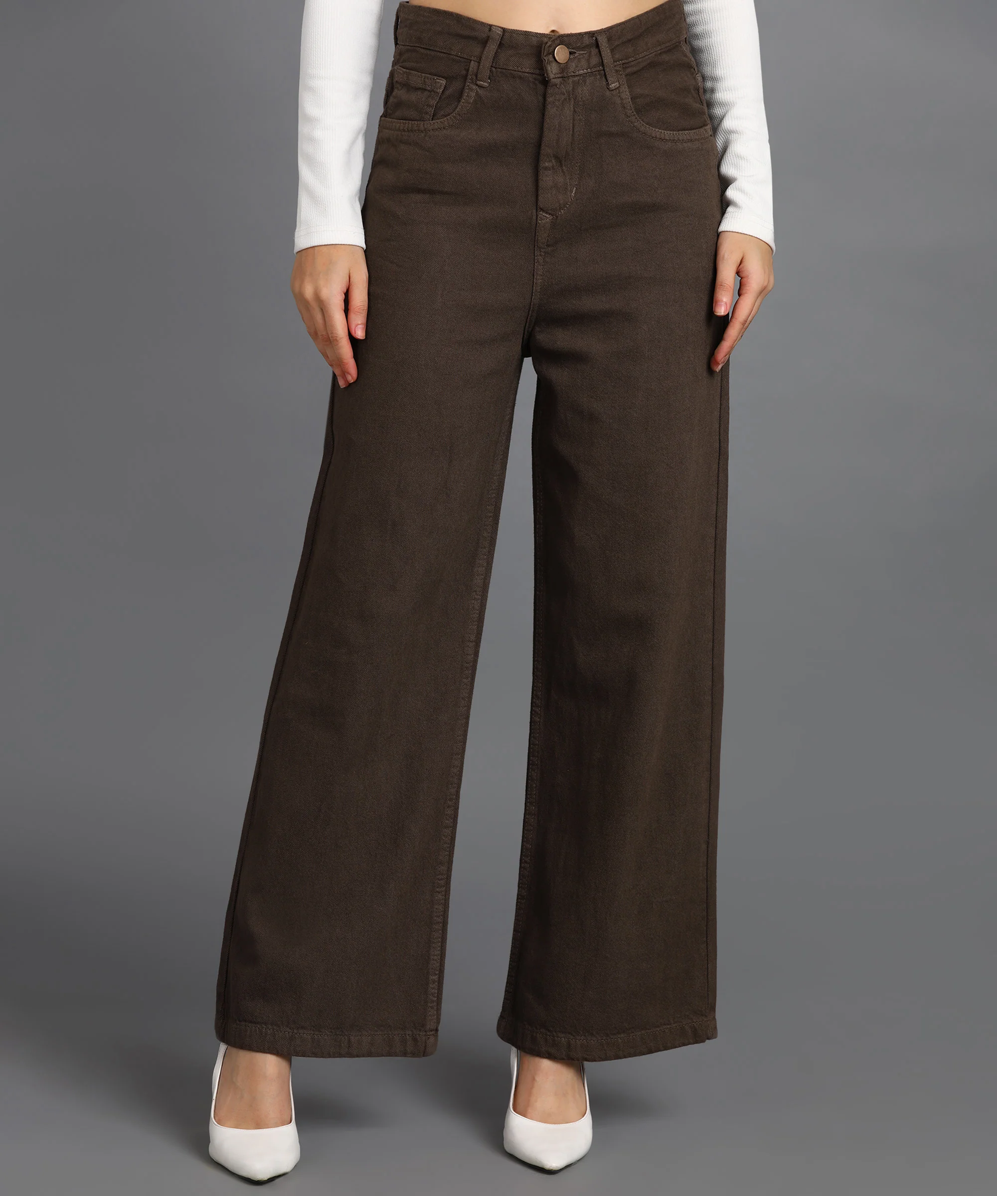 Women's Brown Wide Leg Fit Washed Jeans