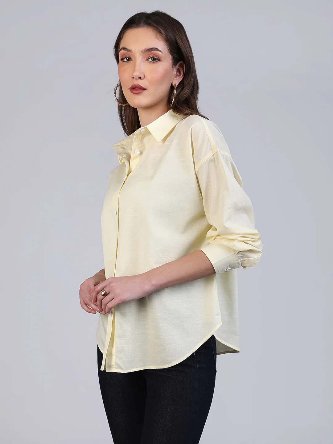 Women's Butter Cotton Full Sleeve Oversized Fit Casual Solid Slub Shirt with Spread Collar - Image 3