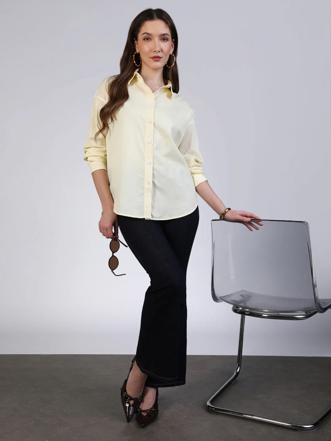 Women's Butter Cotton Full Sleeve Oversized Fit Casual Solid Slub Shirt with Spread Collar - Image 5