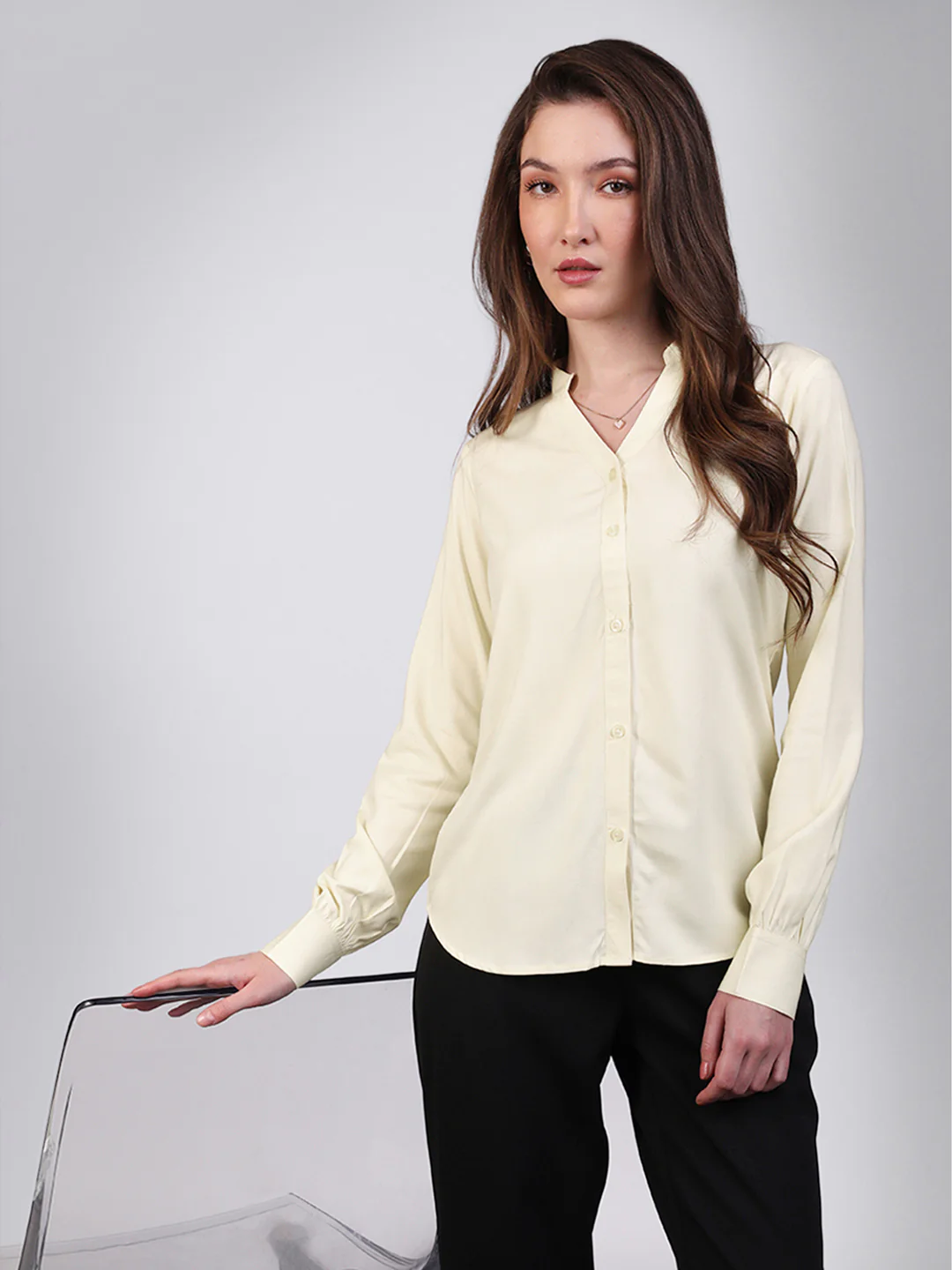Women's Butter Modal Viscose Full Sleeve Regular Fit Casual Solid Shirt with Mandarin Collar - Image 2