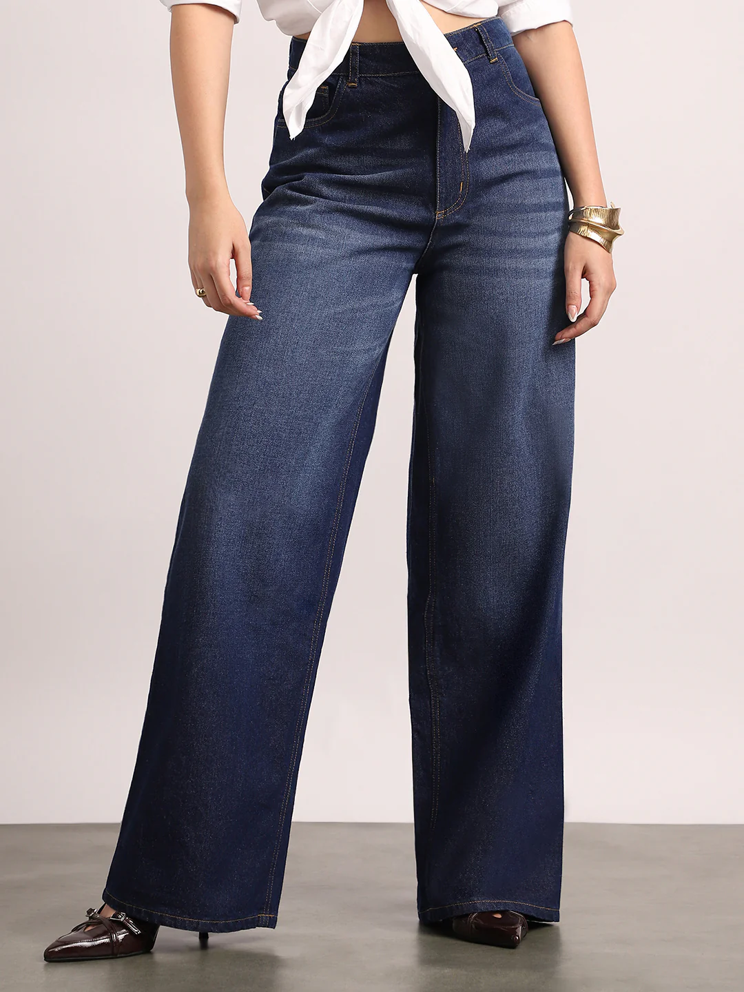 Women's Dark Blue High Rise Baggy Fit Washed Jeans Non-Stretchable