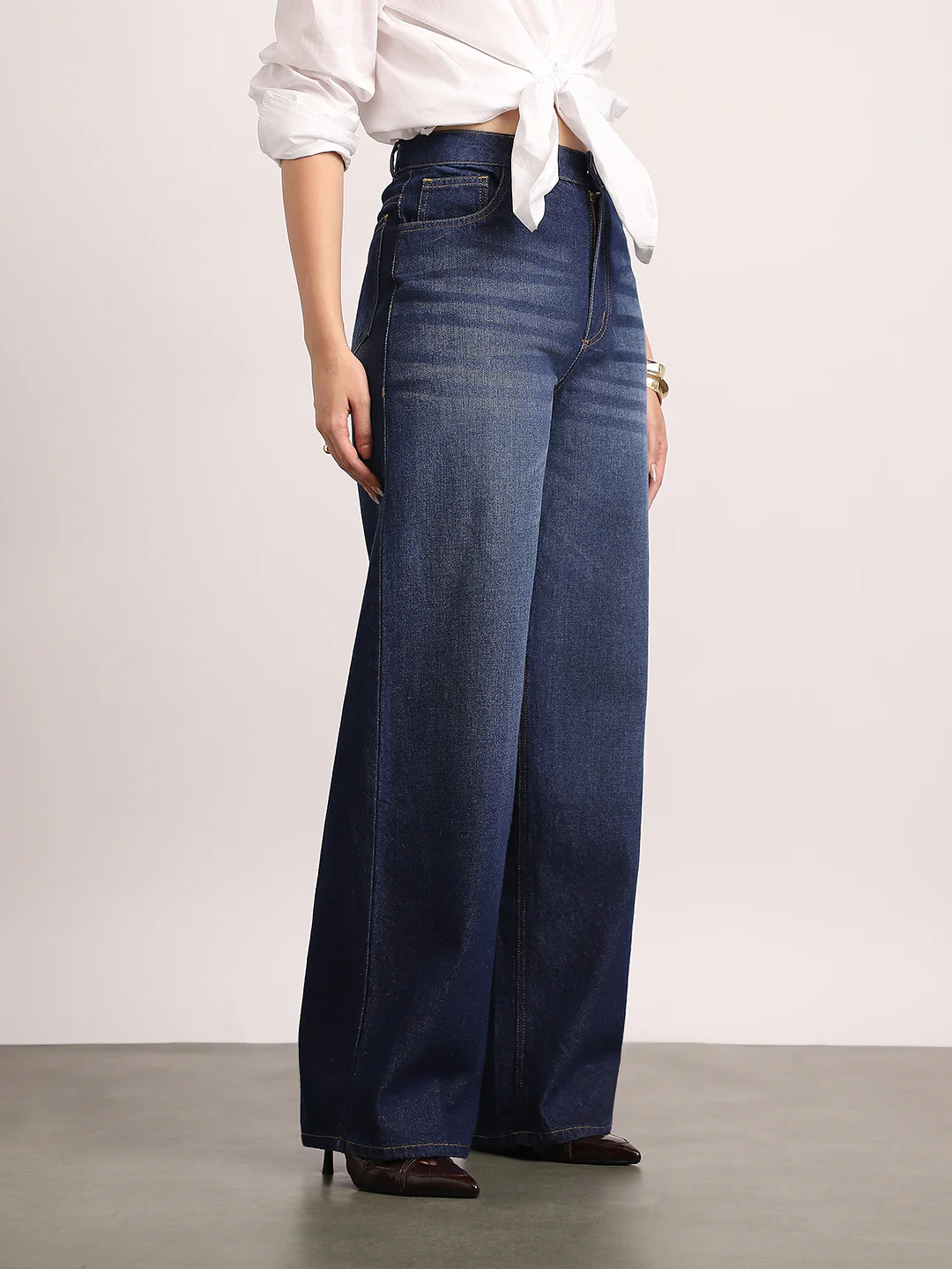 Women's Dark Blue High Rise Baggy Fit Washed Jeans Non-Stretchable - Image 2