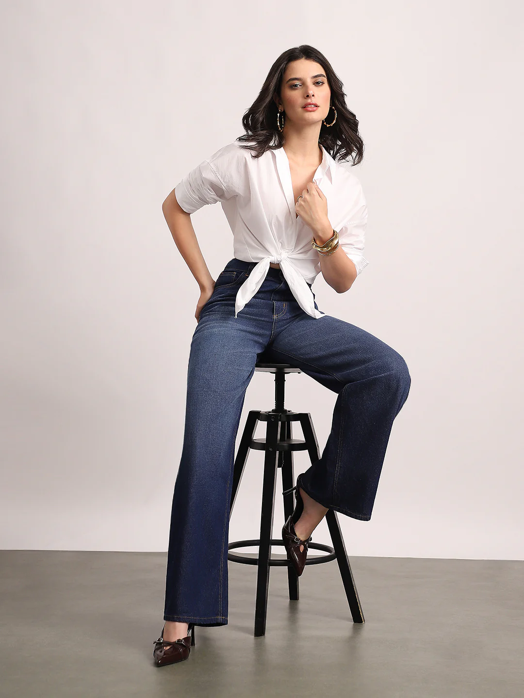 Women's Dark Blue High Rise Baggy Fit Washed Jeans Non-Stretchable - Image 4