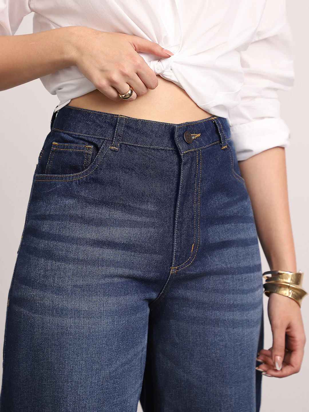 Women's Dark Blue High Rise Baggy Fit Washed Jeans Non-Stretchable - Image 5
