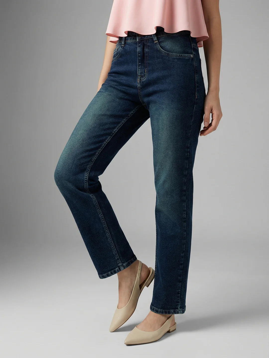 Women's Dark Blue High Rise Straight Fit Washed Jeans Non-Stretchable - Image 2
