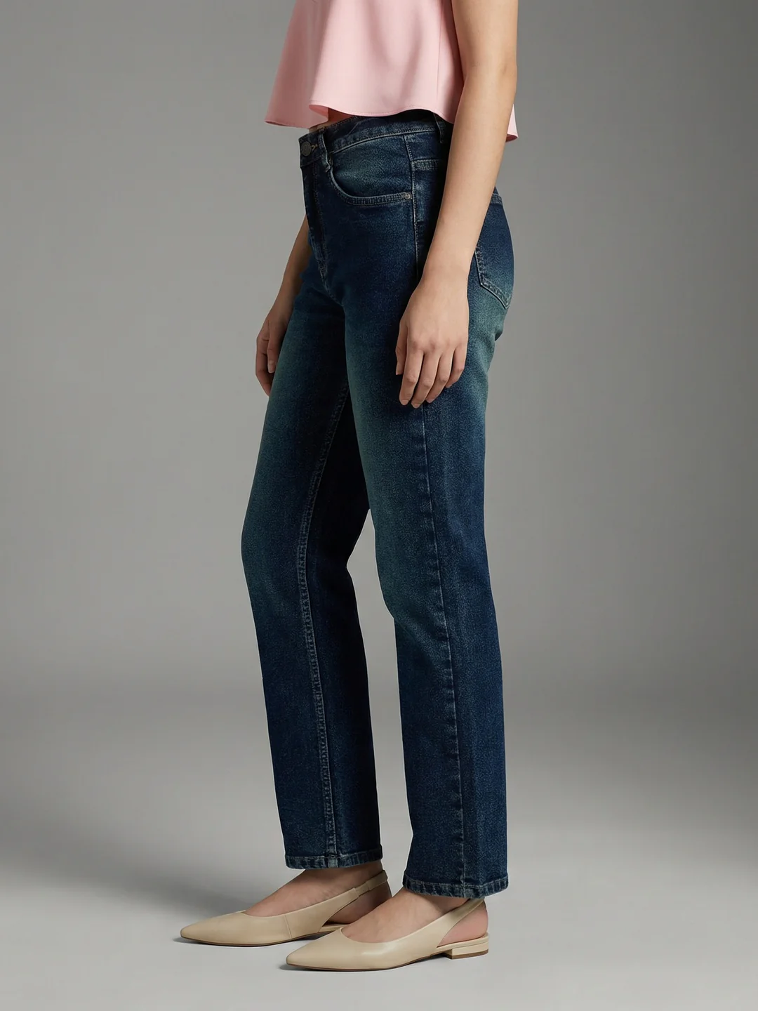Women's Dark Blue High Rise Straight Fit Washed Jeans Non-Stretchable - Image 3