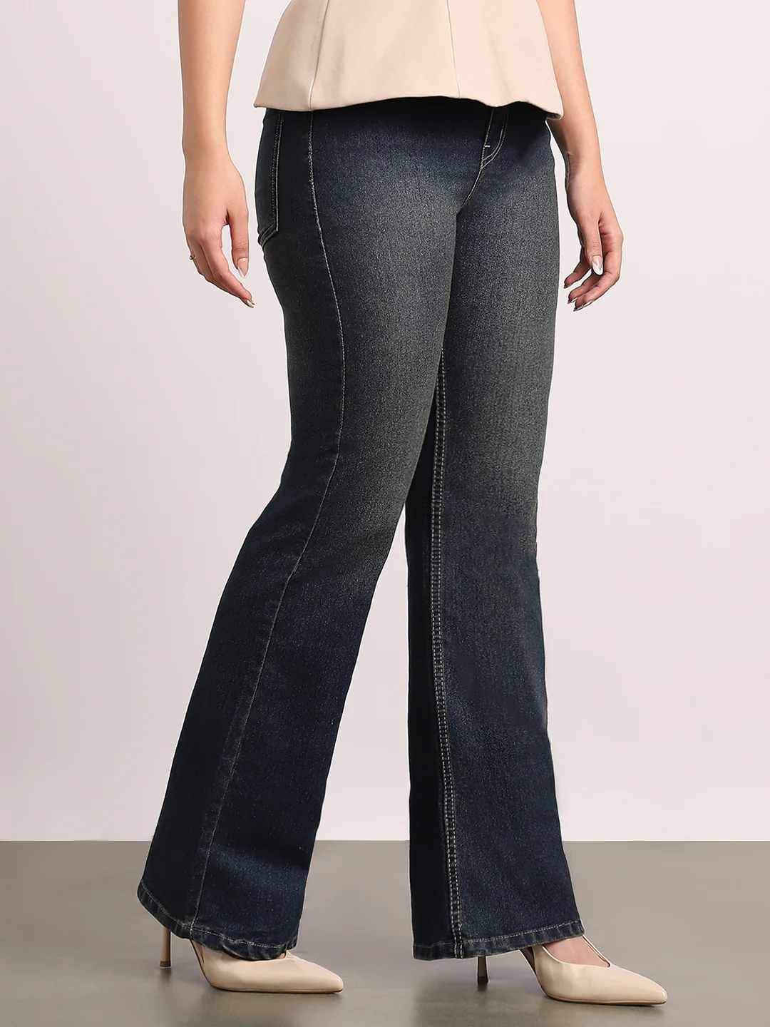 Women's Dark Blue Mid Rise Bootcut Fit Washed Jeans Stretchable - Image 2