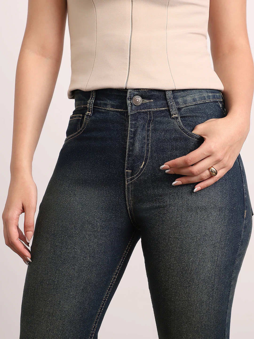 Women's Dark Blue Mid Rise Bootcut Fit Washed Jeans Stretchable - Image 5