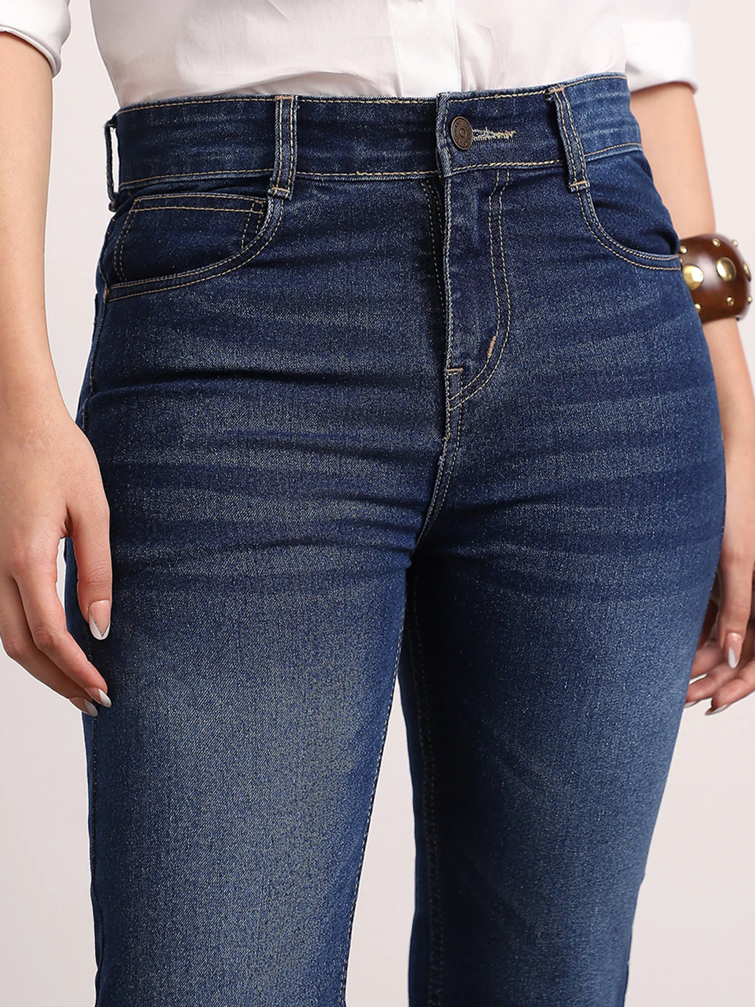 Women's Dark Blue Mid Rise Bootcut Fit Washed Jeans Stretchable - Image 5