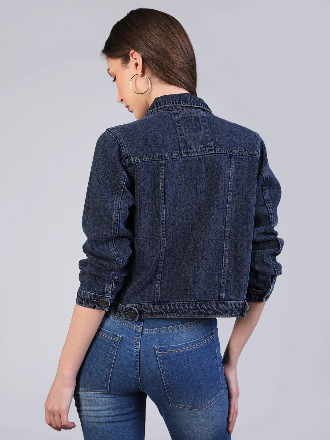 Women's Dark Blue Regular Fit Washed Full Sleeve Denim Jacket - Image 3