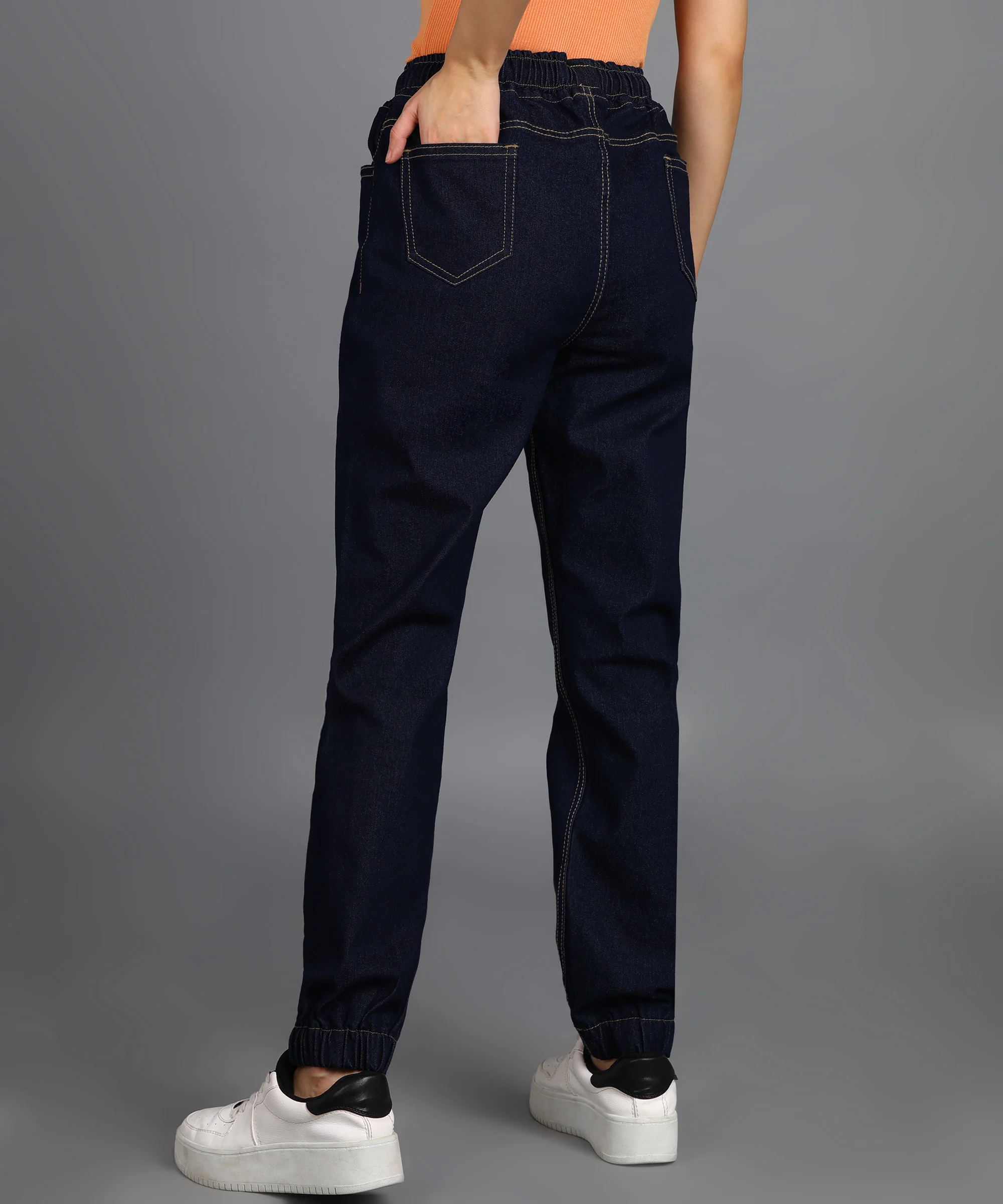 Women's Dark Blue Regular Fit Washed Jogger Jeans - Image 3