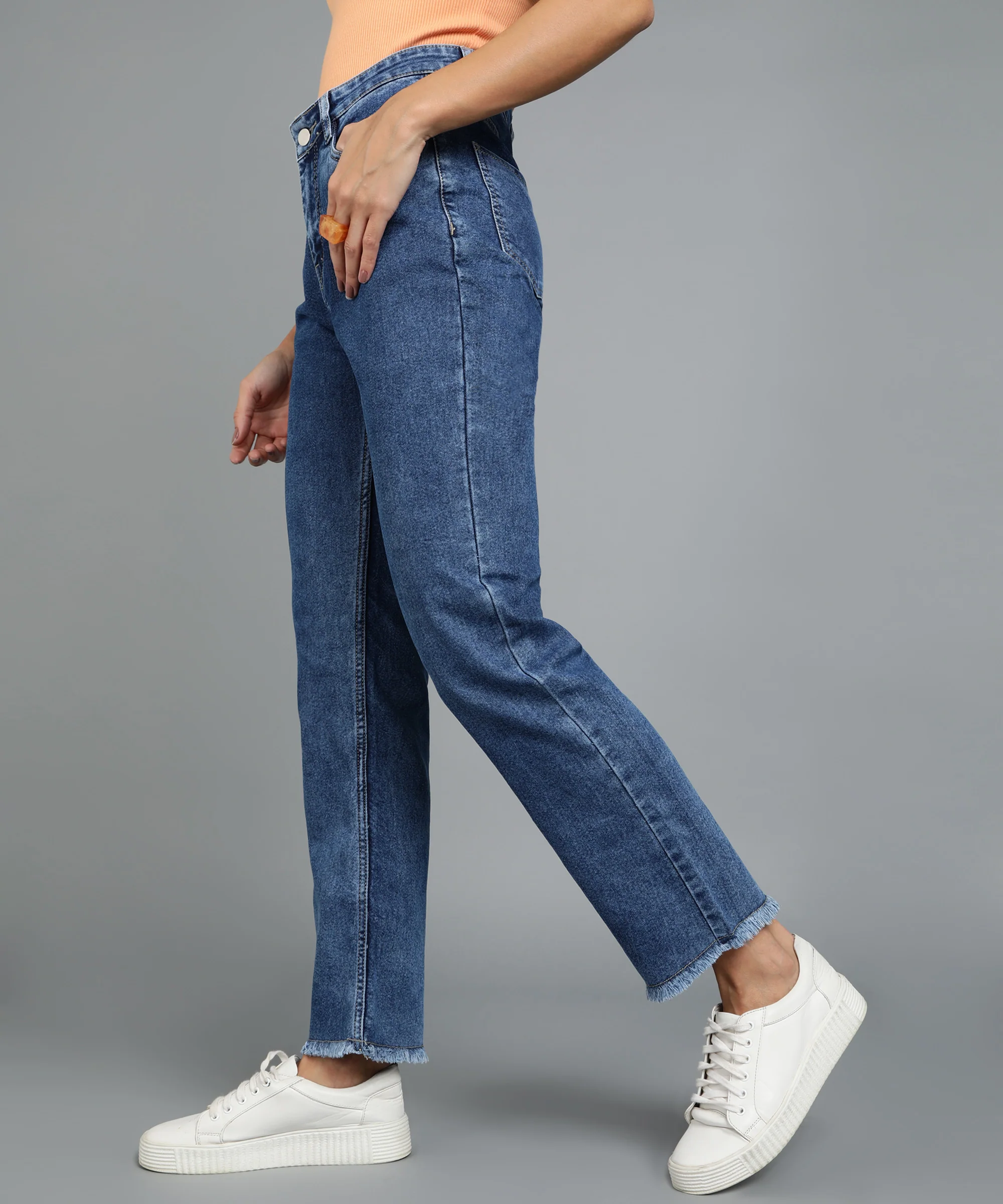 Women's Dark Blue Wide Leg Fit Washed Jeans - Image 2