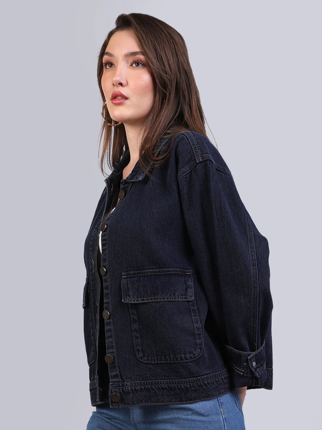Women's Dark Blue Relaxed Fit Full Sleeve Utility Denim Jacket - Image 3
