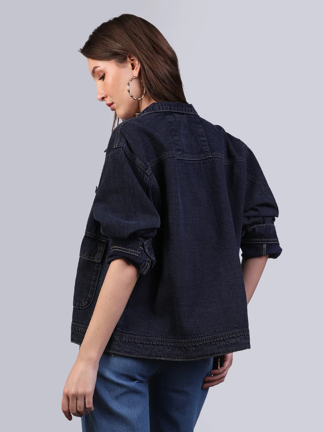 Women's Dark Blue Relaxed Fit Full Sleeve Utility Denim Jacket - Image 4