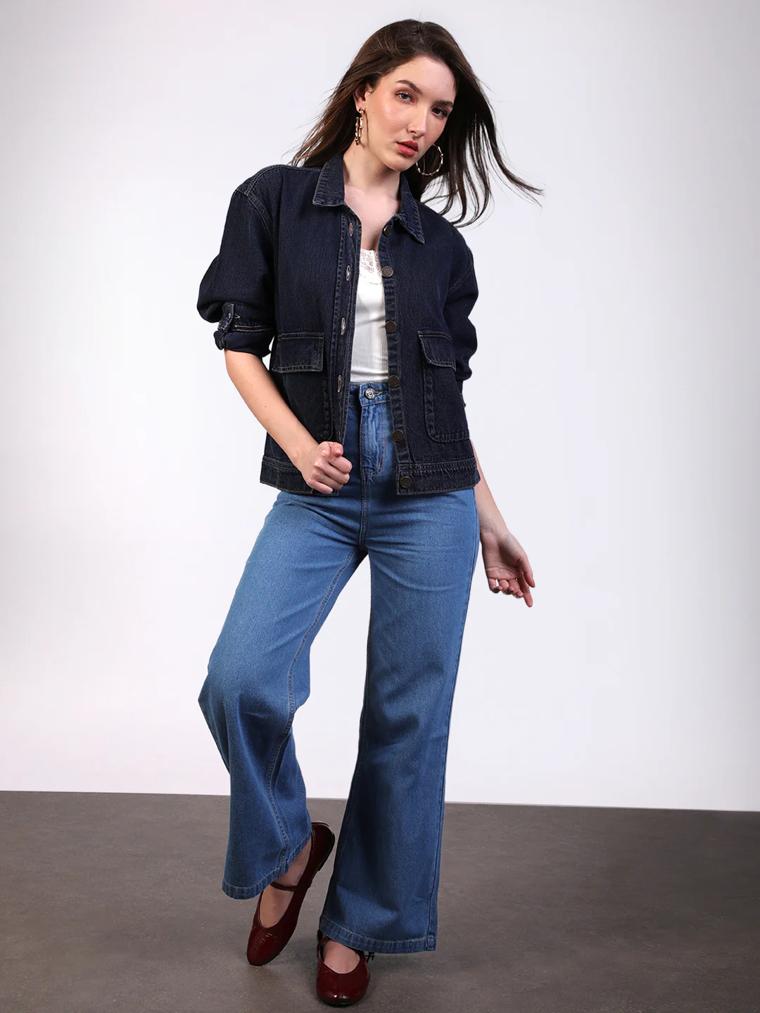 Women's Dark Blue Relaxed Fit Full Sleeve Utility Denim Jacket - Image 5