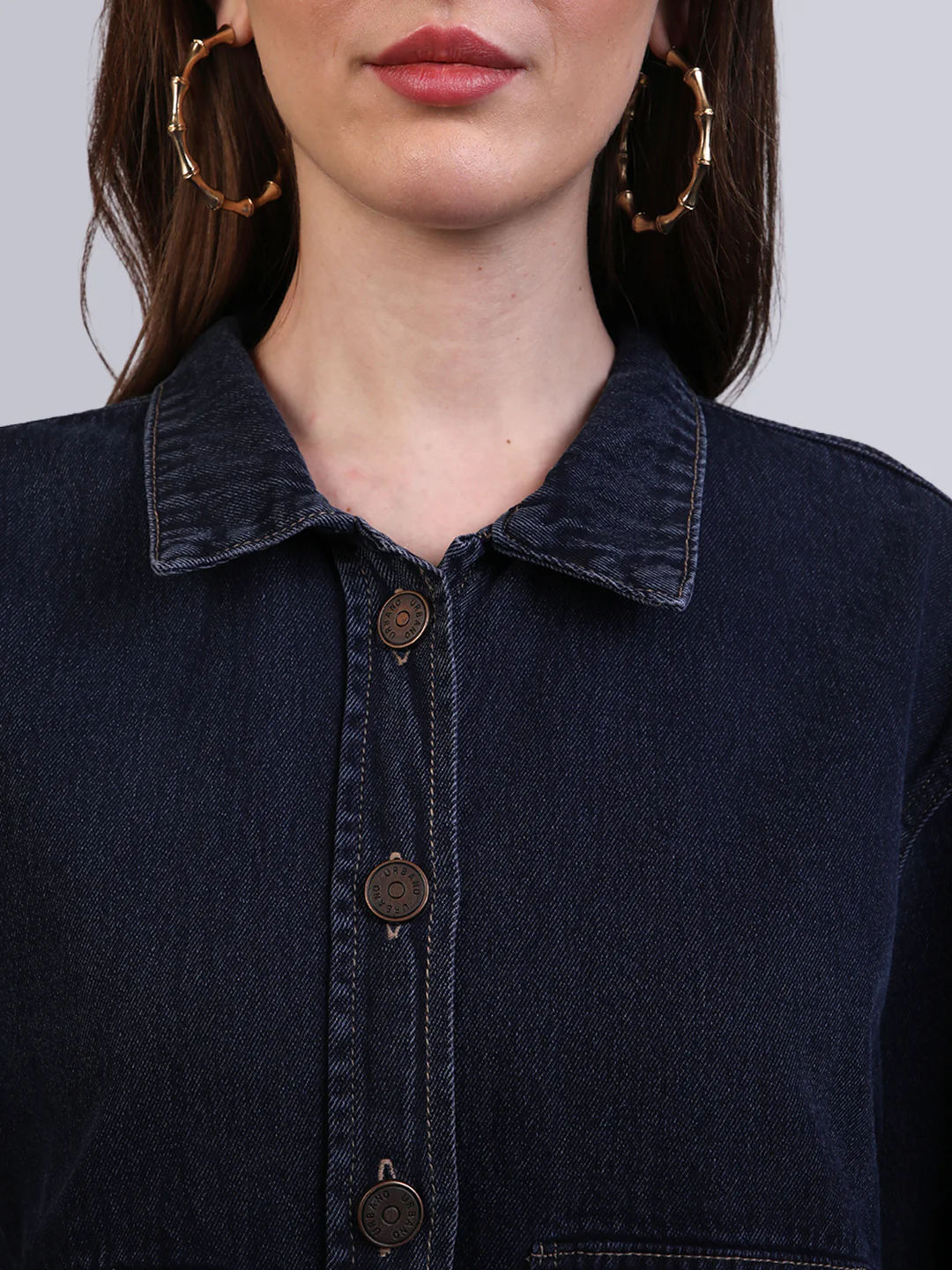 Women's Dark Blue Relaxed Fit Full Sleeve Utility Denim Jacket - Image 6