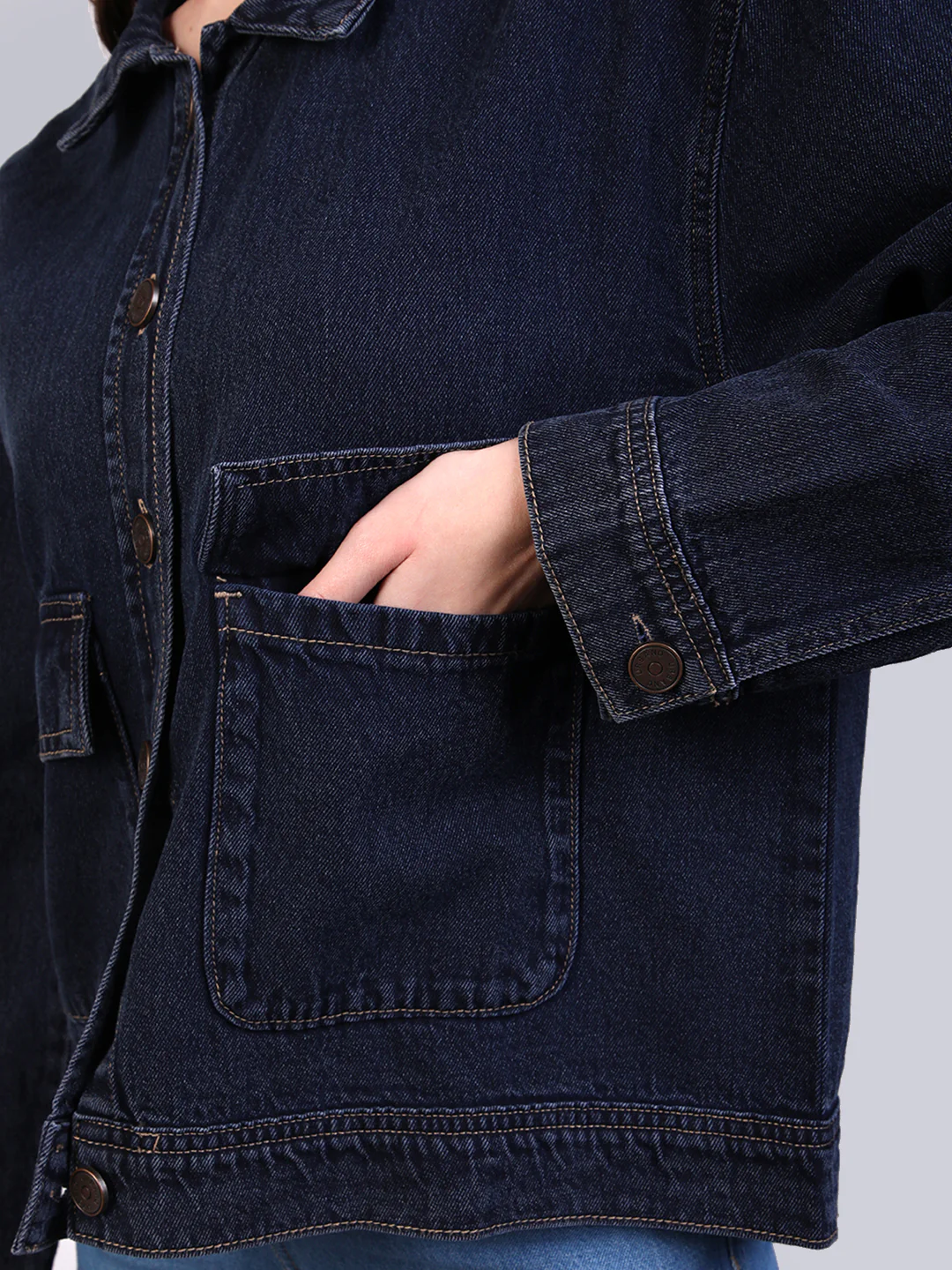 Women's Dark Blue Relaxed Fit Full Sleeve Utility Denim Jacket - Image 7