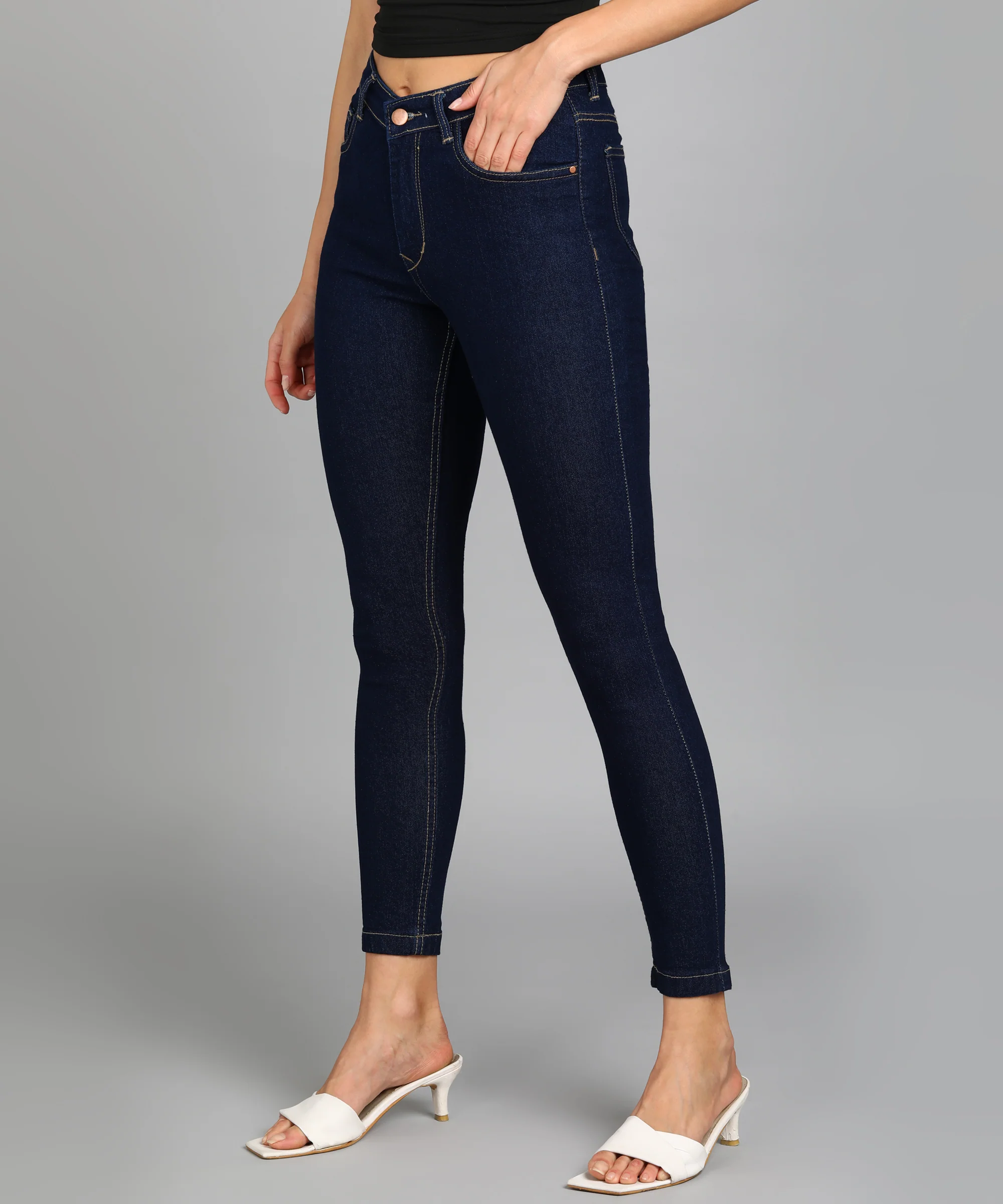 Women's Dark Blue Skinny Fit Washed Jeans - Image 2