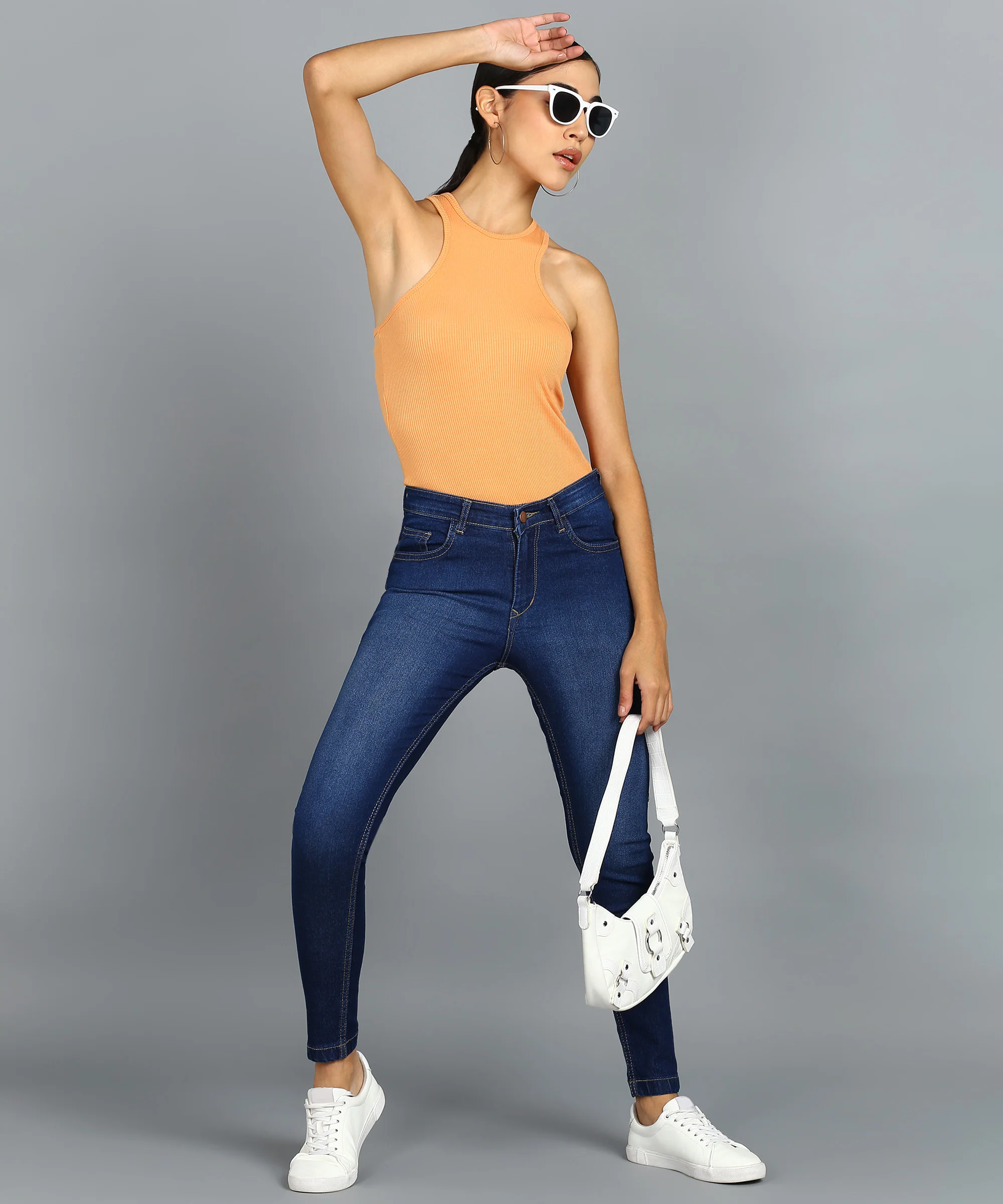 Women's Dark Blue Skinny Fit Washed Jeans - Image 4