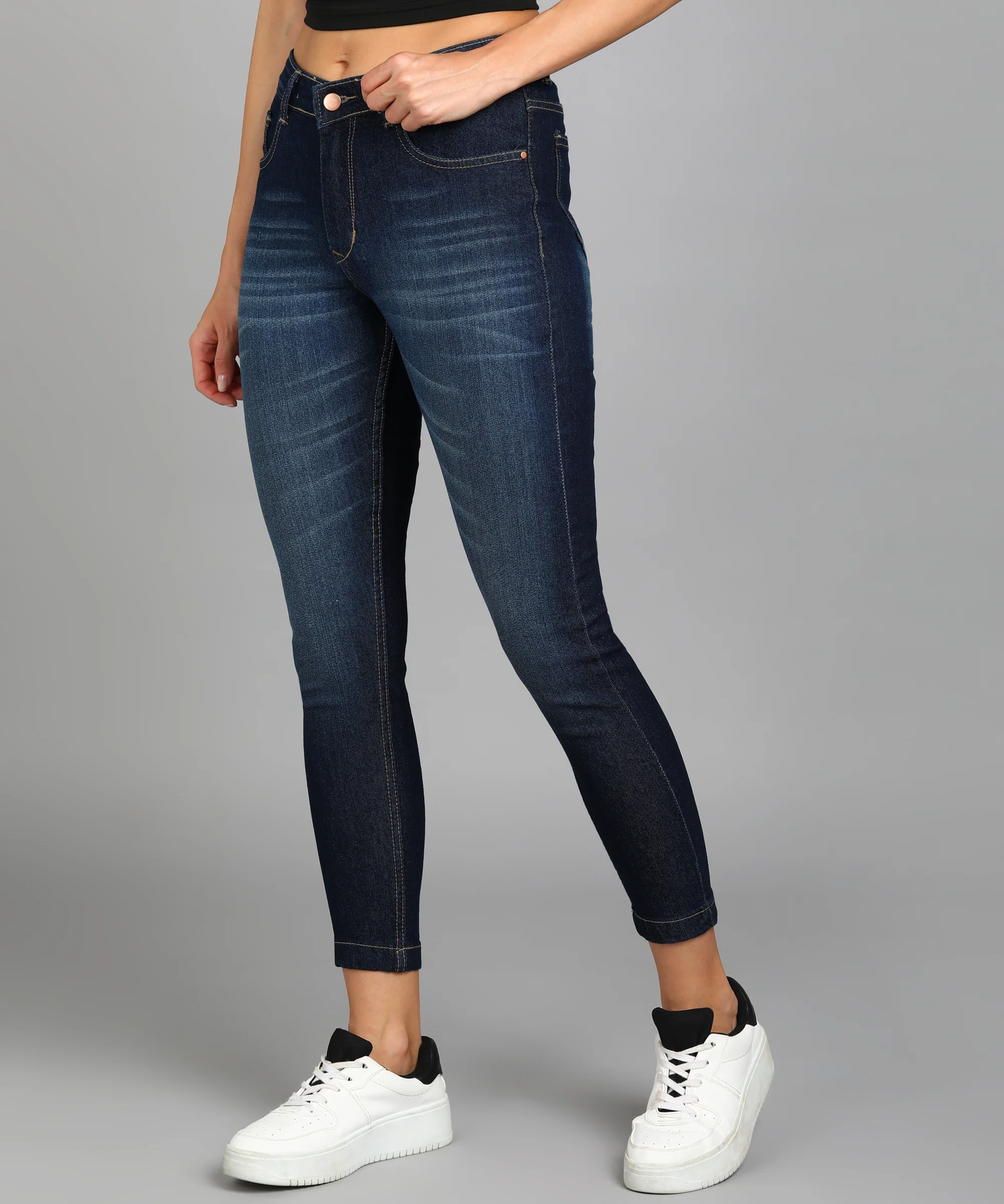 Women's Dark Blue Skinny Fit Washed Jeans - Image 2