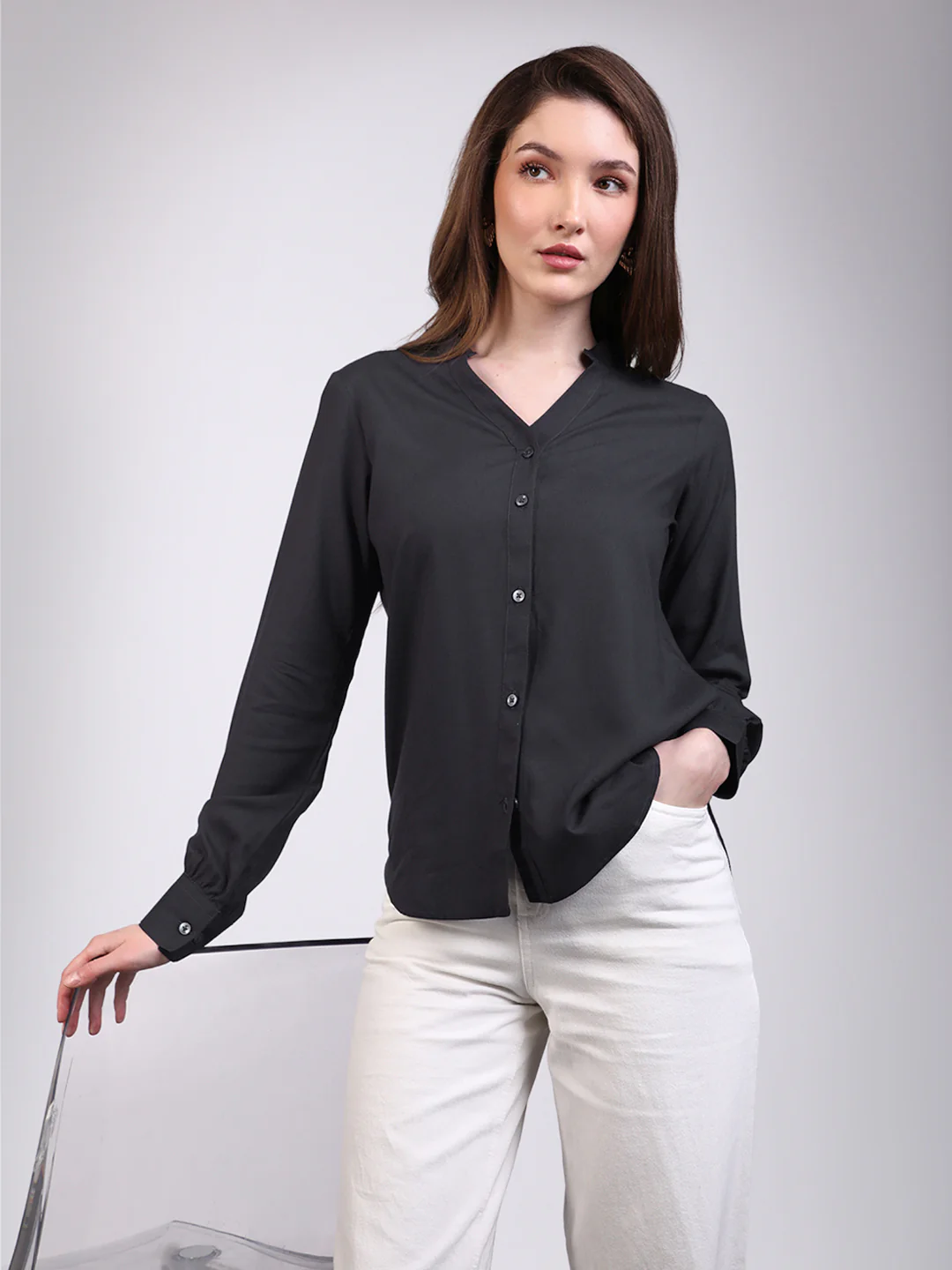 Women's Dark Grey Modal Viscose Full Sleeve Regular Fit Casual Solid Shirt with Mandarin Collar - Image 2