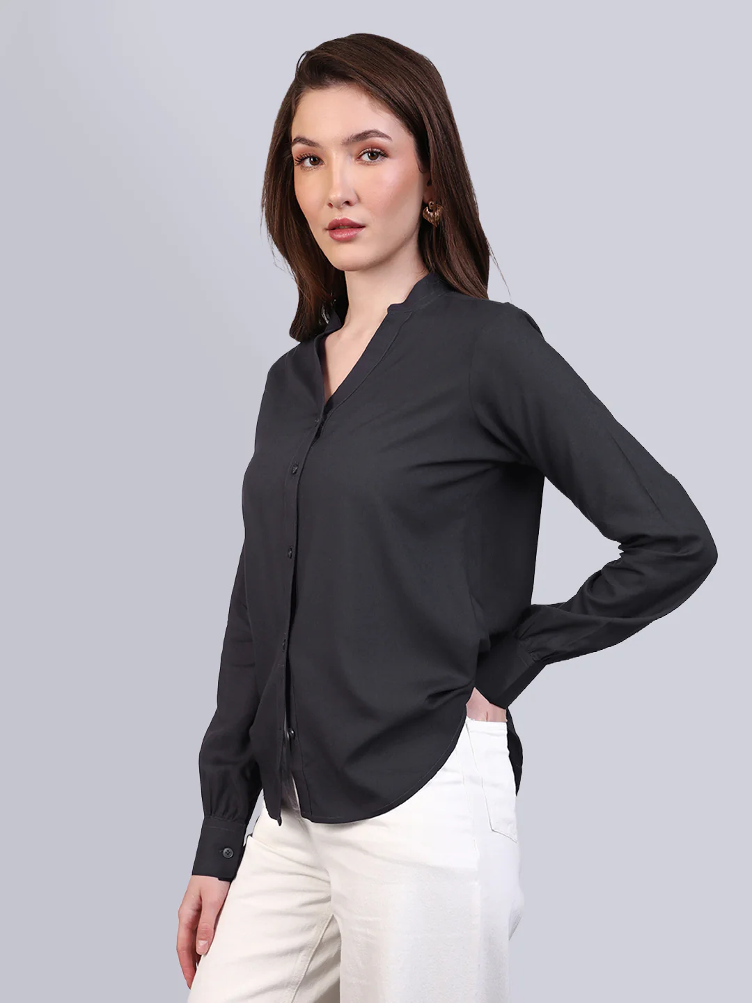 Women's Dark Grey Modal Viscose Full Sleeve Regular Fit Casual Solid Shirt with Mandarin Collar - Image 3