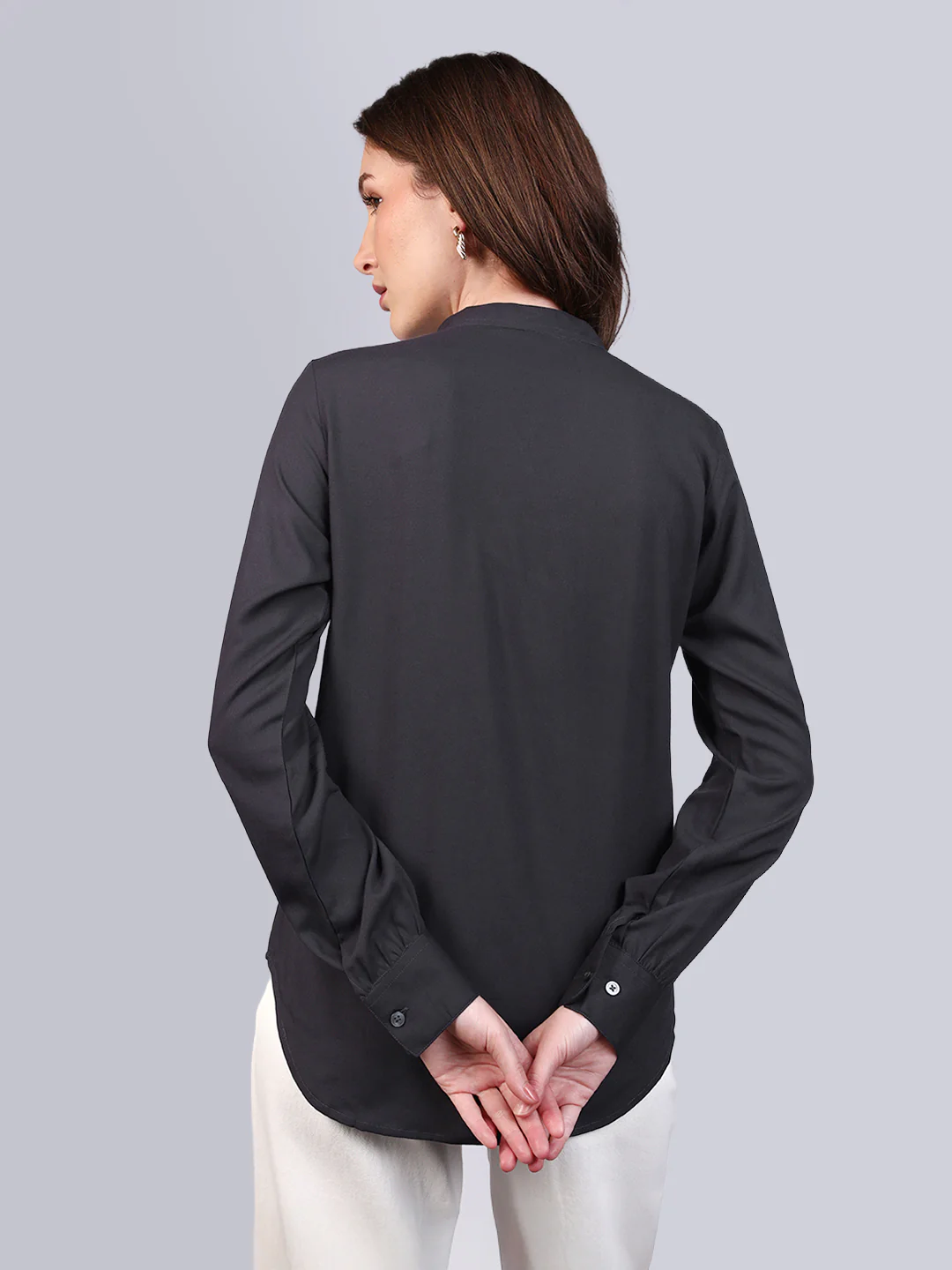 Women's Dark Grey Modal Viscose Full Sleeve Regular Fit Casual Solid Shirt with Mandarin Collar - Image 4