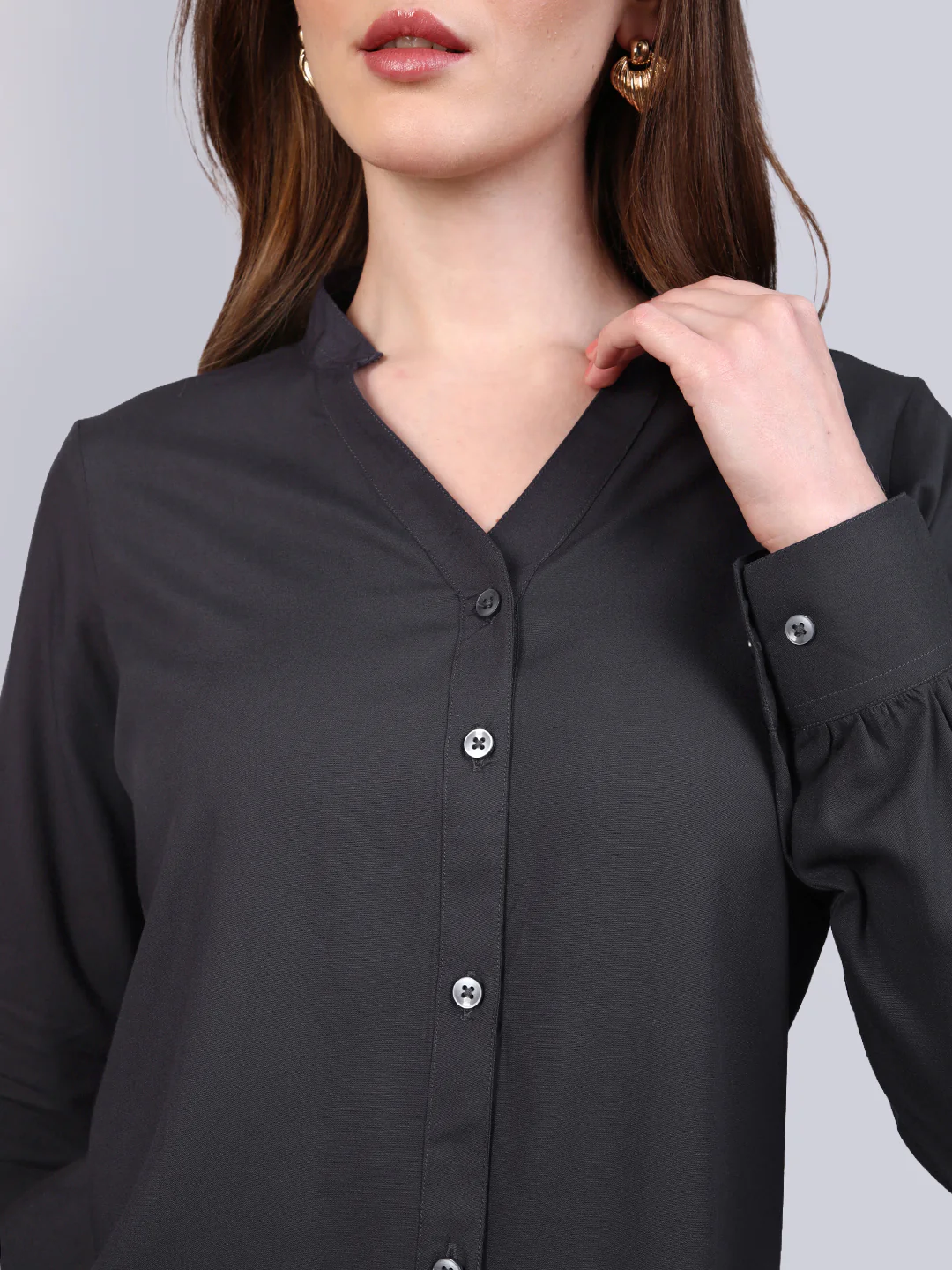 Women's Dark Grey Modal Viscose Full Sleeve Regular Fit Casual Solid Shirt with Mandarin Collar - Image 6