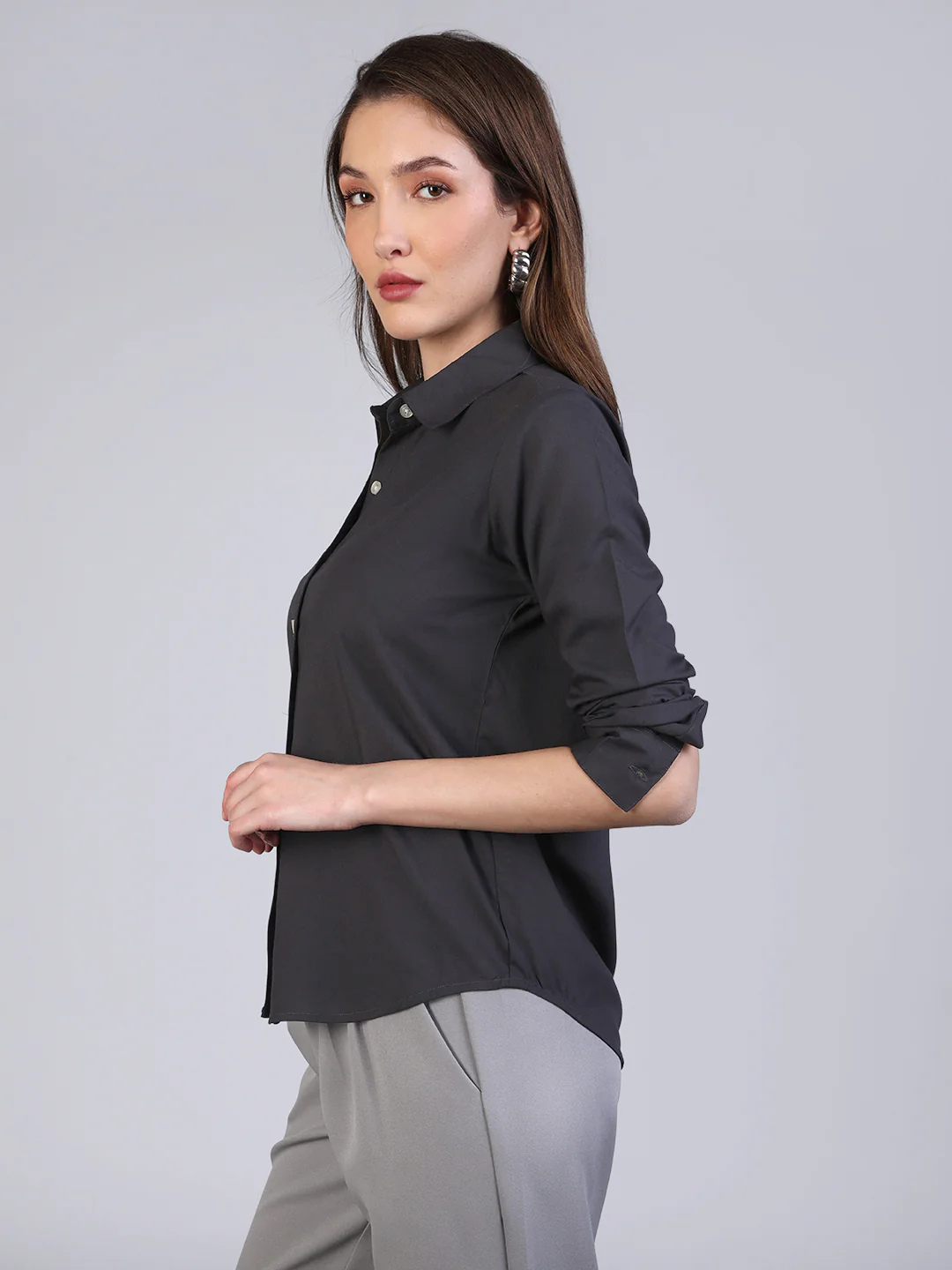 Women's Dark Grey Modal Viscose Full Sleeve Regular Fit Casual Solid Shirt with Regular Collar - Image 3