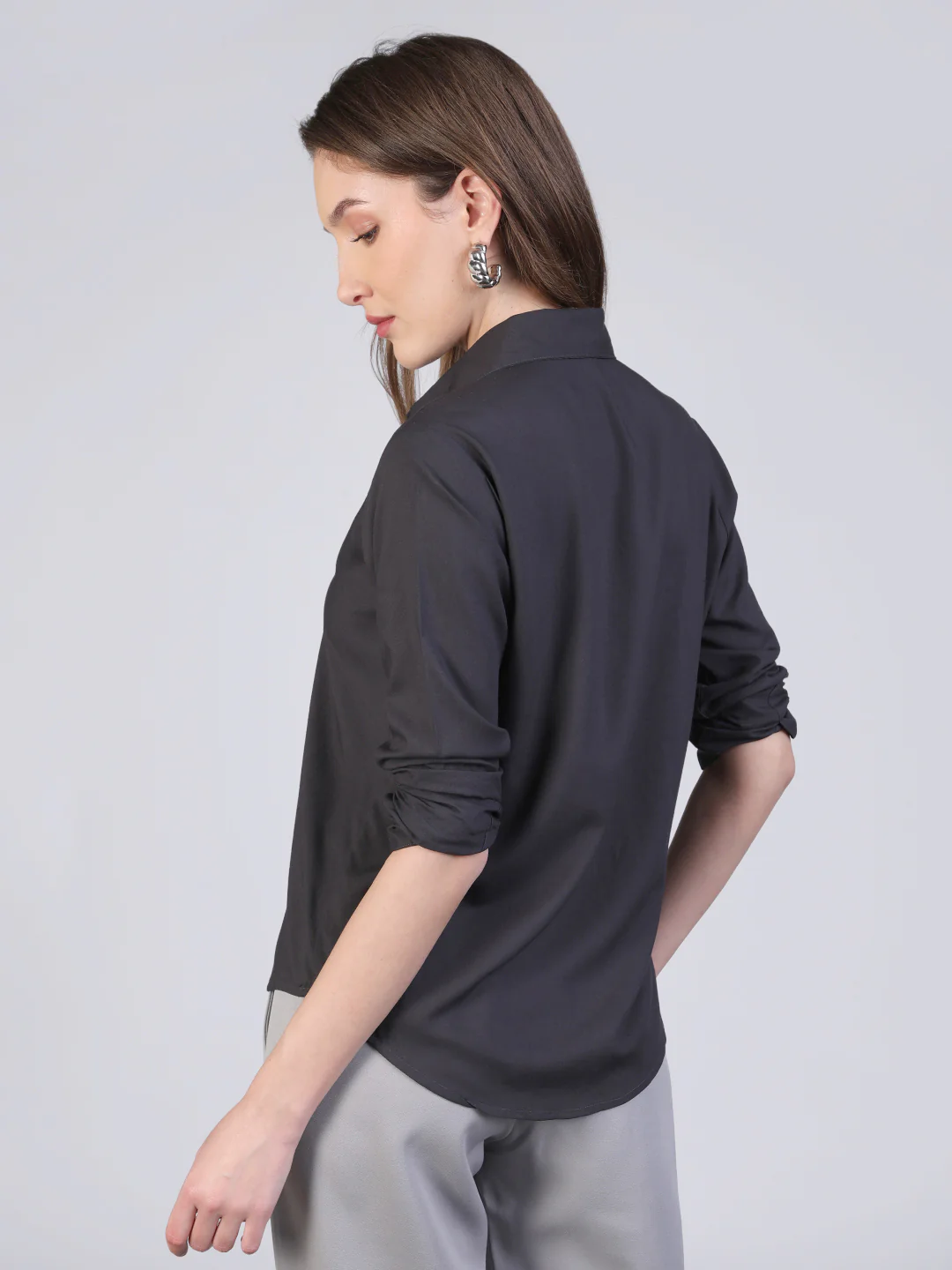 Women's Dark Grey Modal Viscose Full Sleeve Regular Fit Casual Solid Shirt with Regular Collar - Image 4