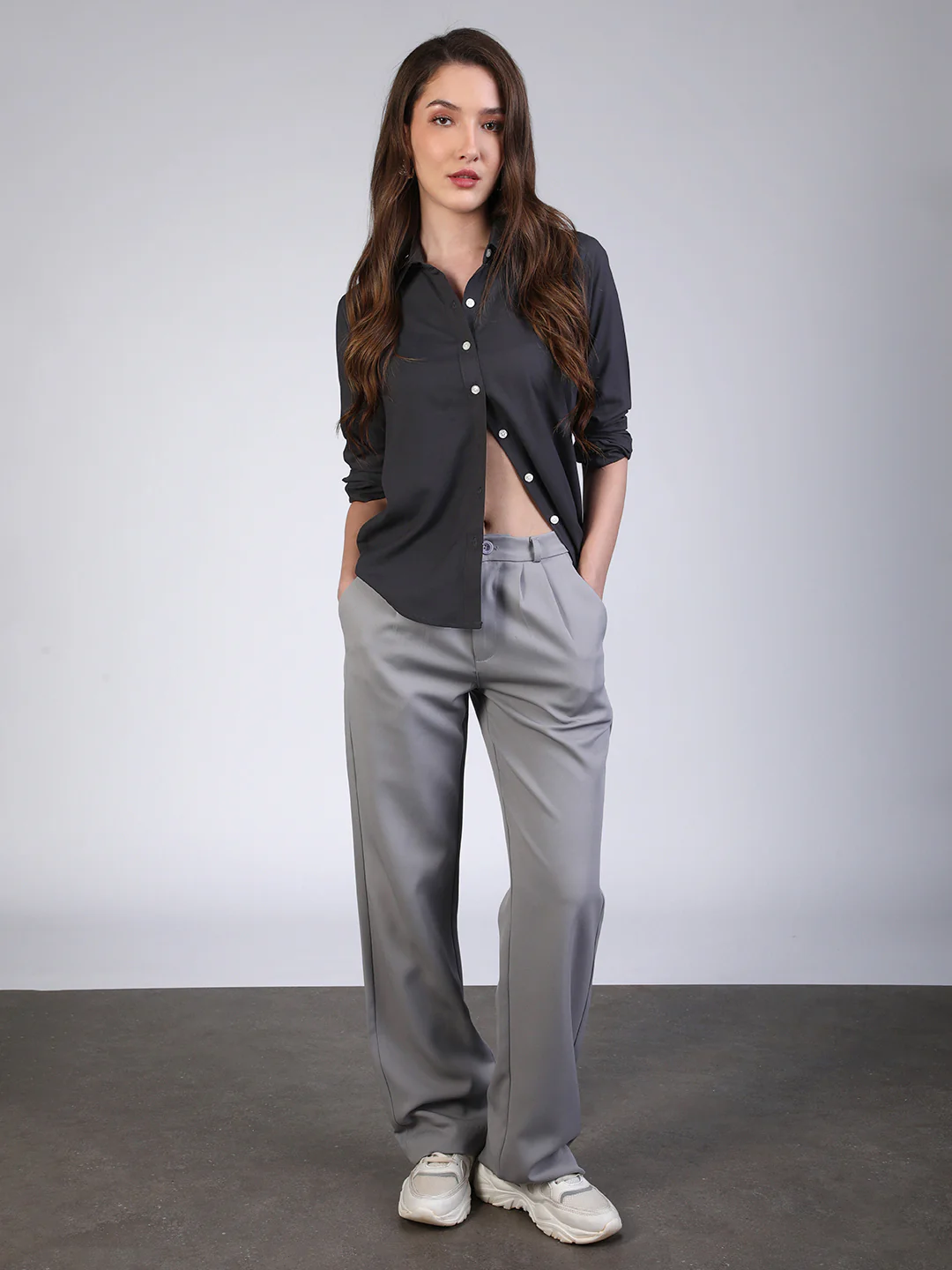 Women's Dark Grey Modal Viscose Full Sleeve Regular Fit Casual Solid Shirt with Regular Collar - Image 5