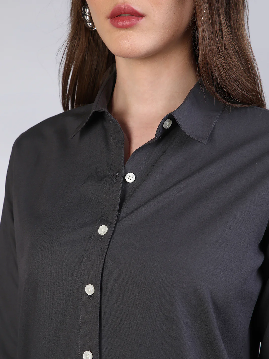 Women's Dark Grey Modal Viscose Full Sleeve Regular Fit Casual Solid Shirt with Regular Collar - Image 6