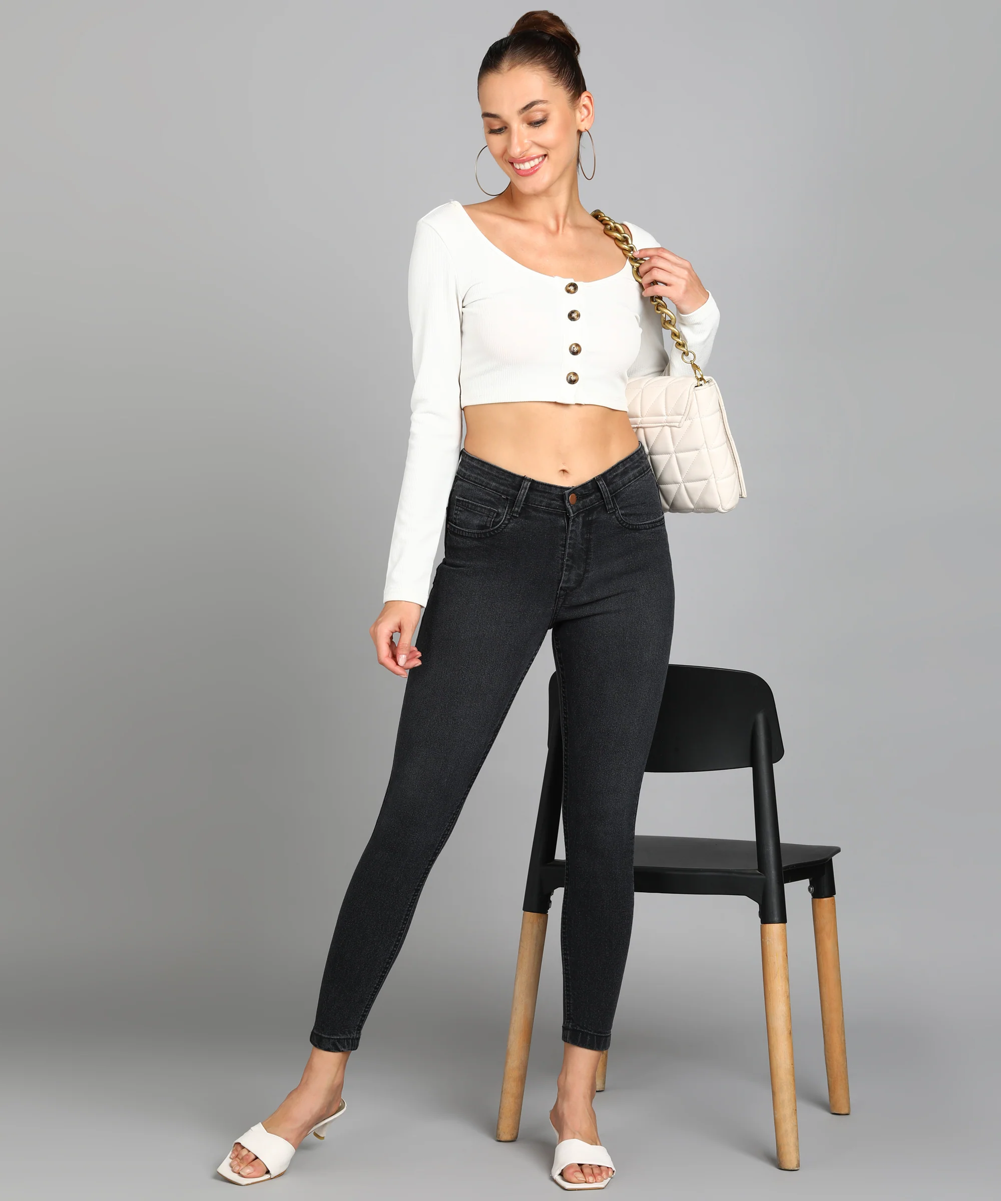 Women's Dark Grey Skinny Fit Washed Jeans - Image 4
