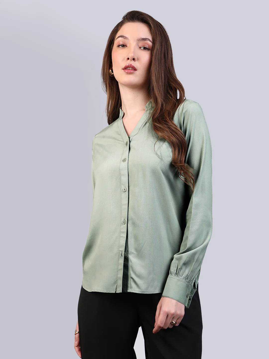 Women's Dusty Green Modal Viscose Full Sleeve Regular Fit Casual Solid Shirt with Mandarin Collar - Image 2
