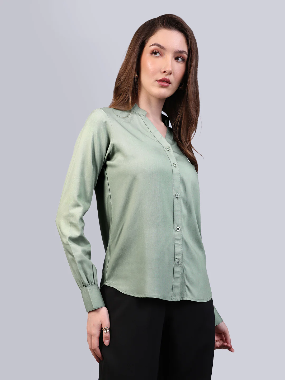 Women's Dusty Green Modal Viscose Full Sleeve Regular Fit Casual Solid Shirt with Mandarin Collar - Image 3