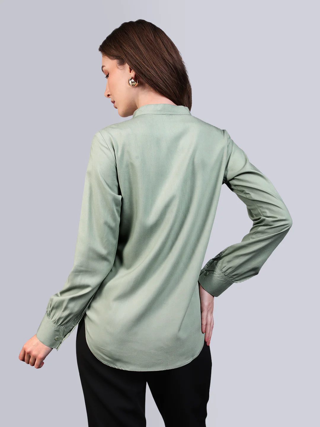 Women's Dusty Green Modal Viscose Full Sleeve Regular Fit Casual Solid Shirt with Mandarin Collar - Image 4