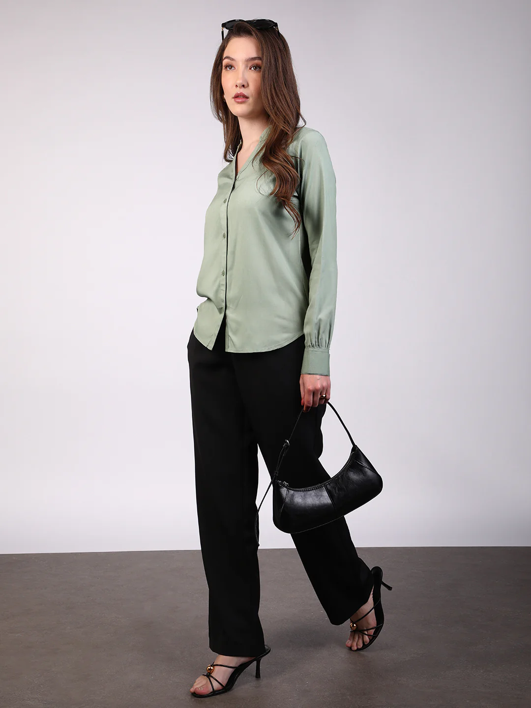 Women's Dusty Green Modal Viscose Full Sleeve Regular Fit Casual Solid Shirt with Mandarin Collar - Image 5