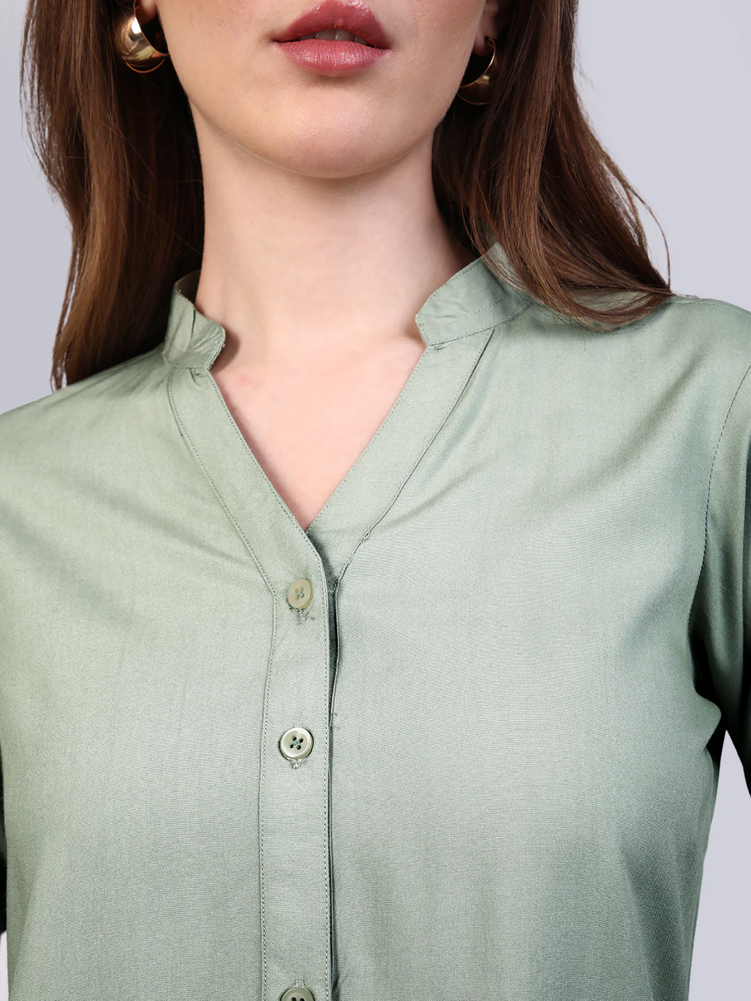 Women's Dusty Green Modal Viscose Full Sleeve Regular Fit Casual Solid Shirt with Mandarin Collar - Image 6